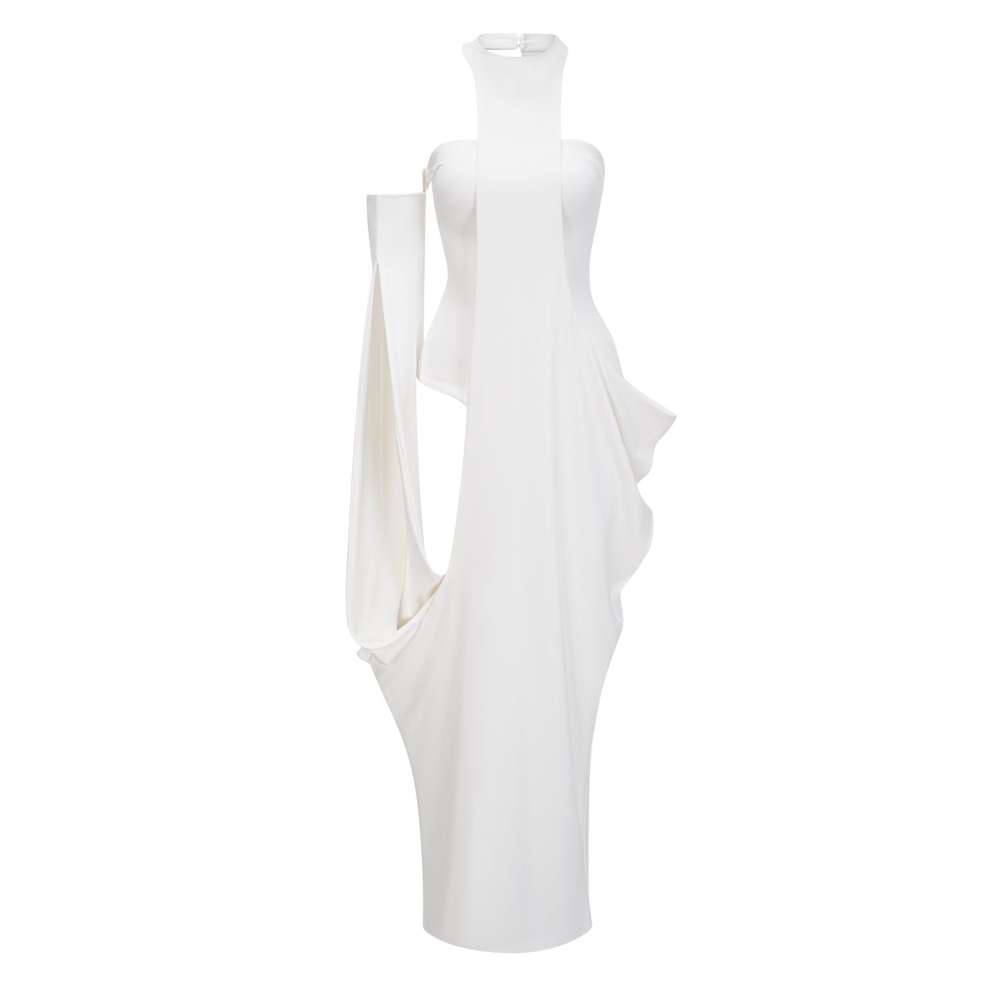 White halter-neck maxi dress with a draped panel skirt and high leg cutouts