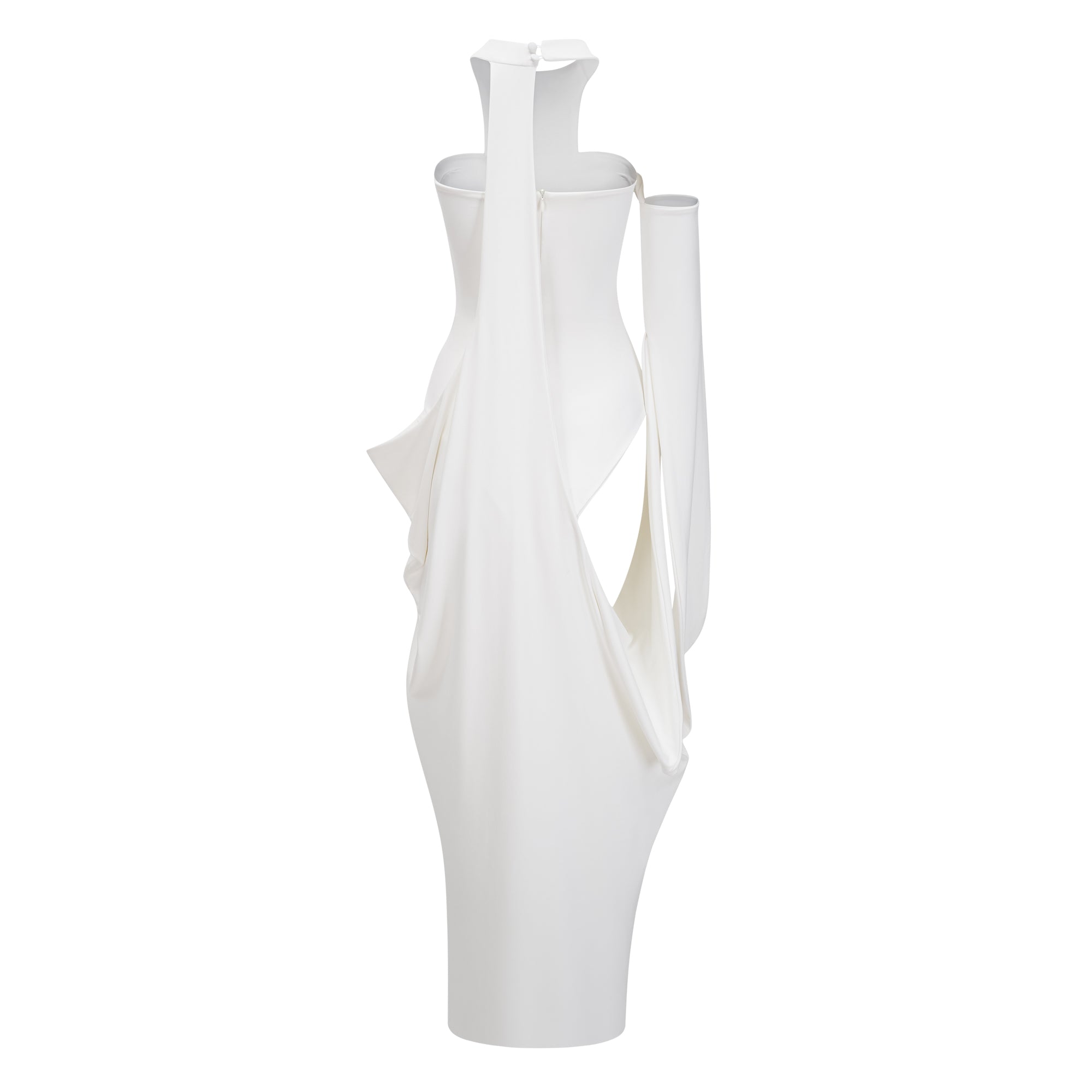 White halter-neck maxi dress with a draped panel skirt and high leg cutouts