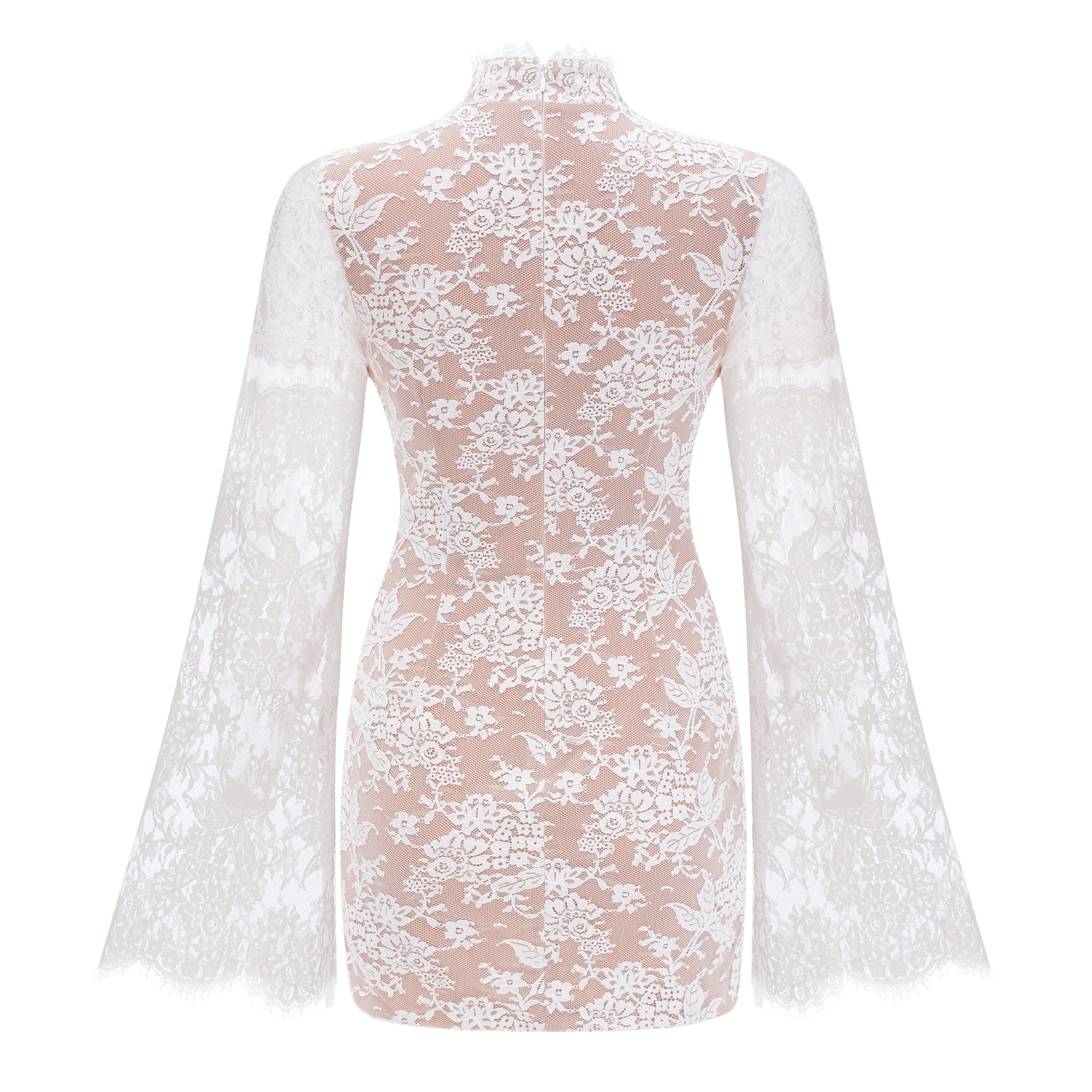 White lace corset-style mini dress with bell sleeves
