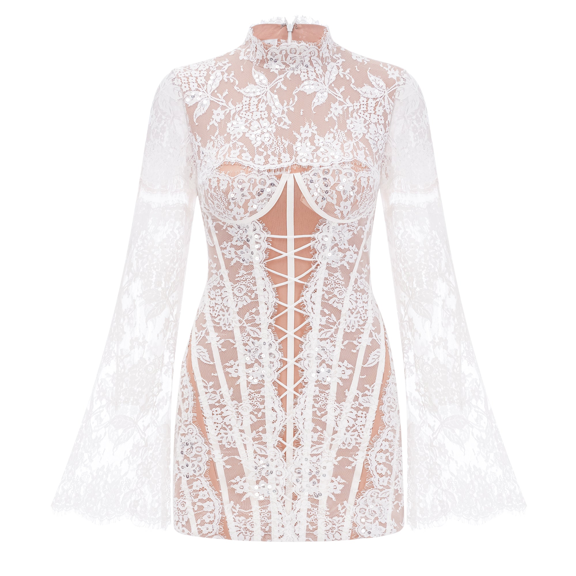 White lace corset-style mini dress with bell sleeves