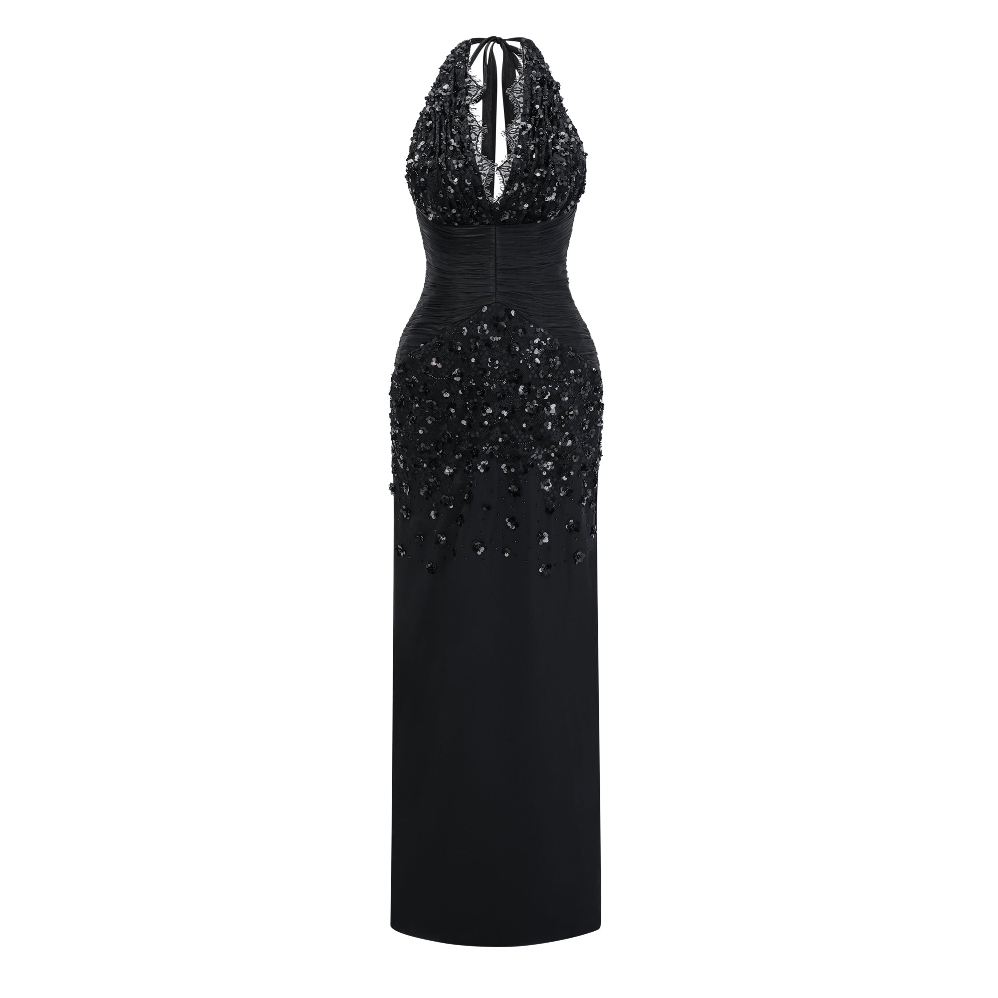Black halter gown with sequin-embellished lace bodice and hips