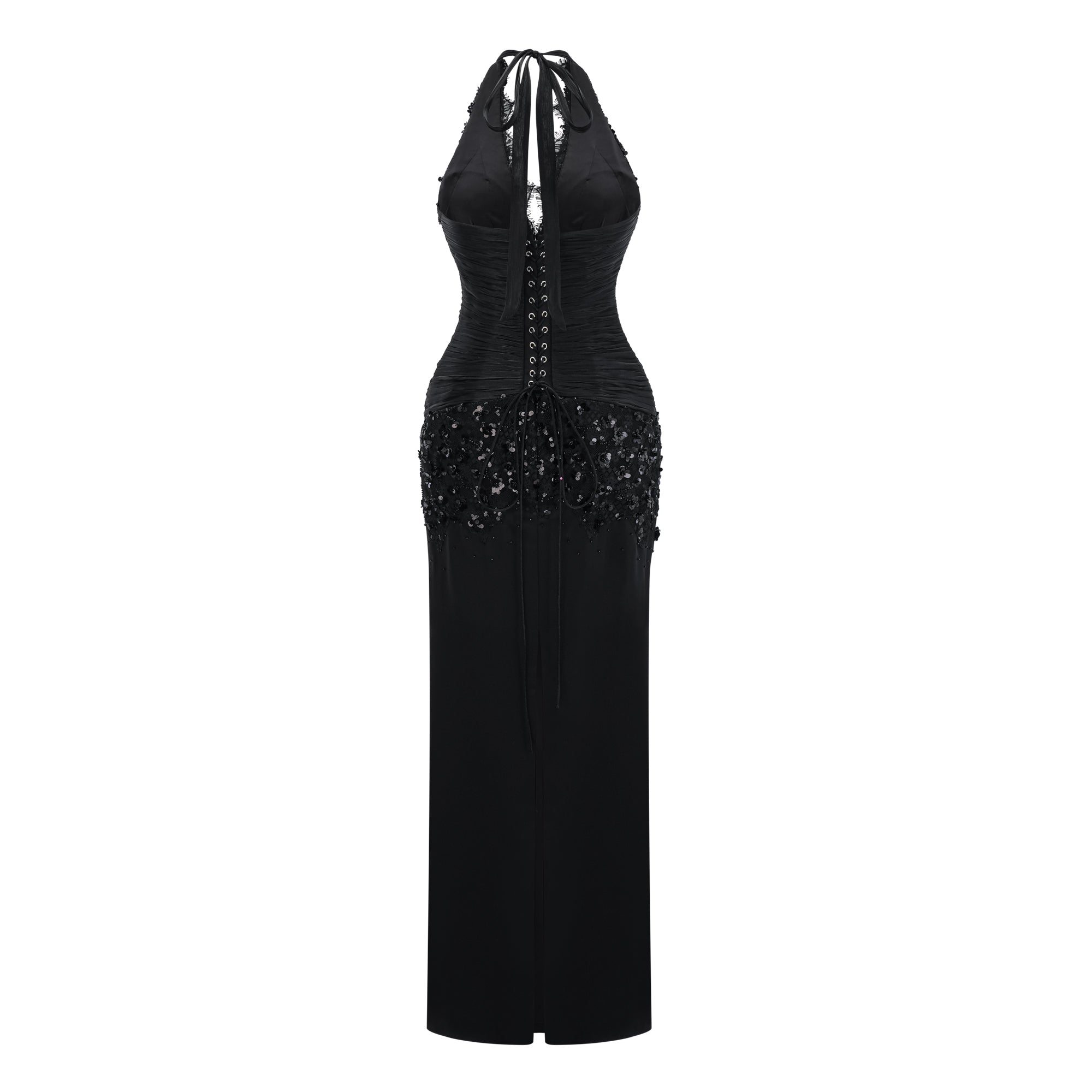 Black halter gown with sequin-embellished lace bodice and hips