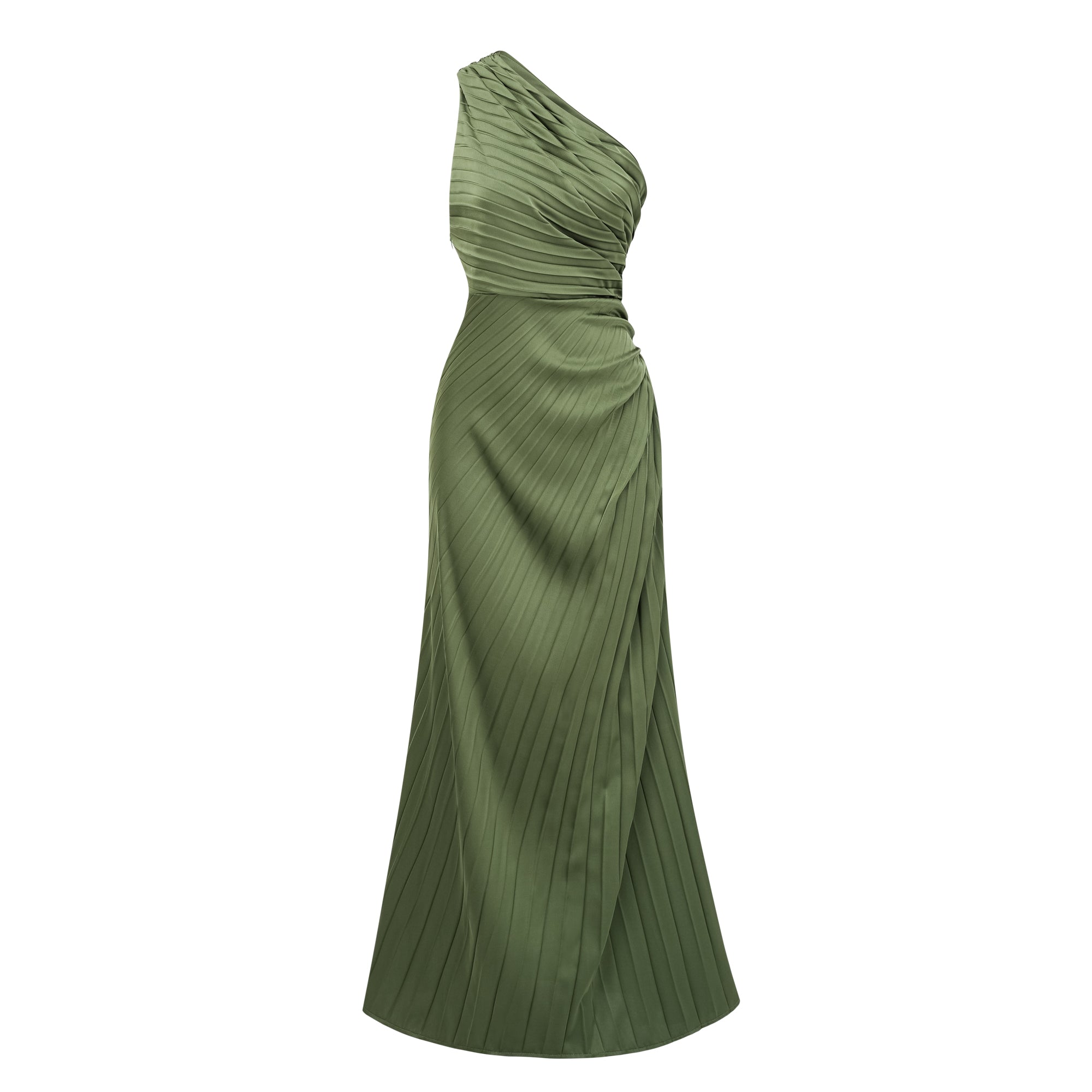Olive green maxi dress with a pleated one-shoulder neckline and fully pleated draped skirt