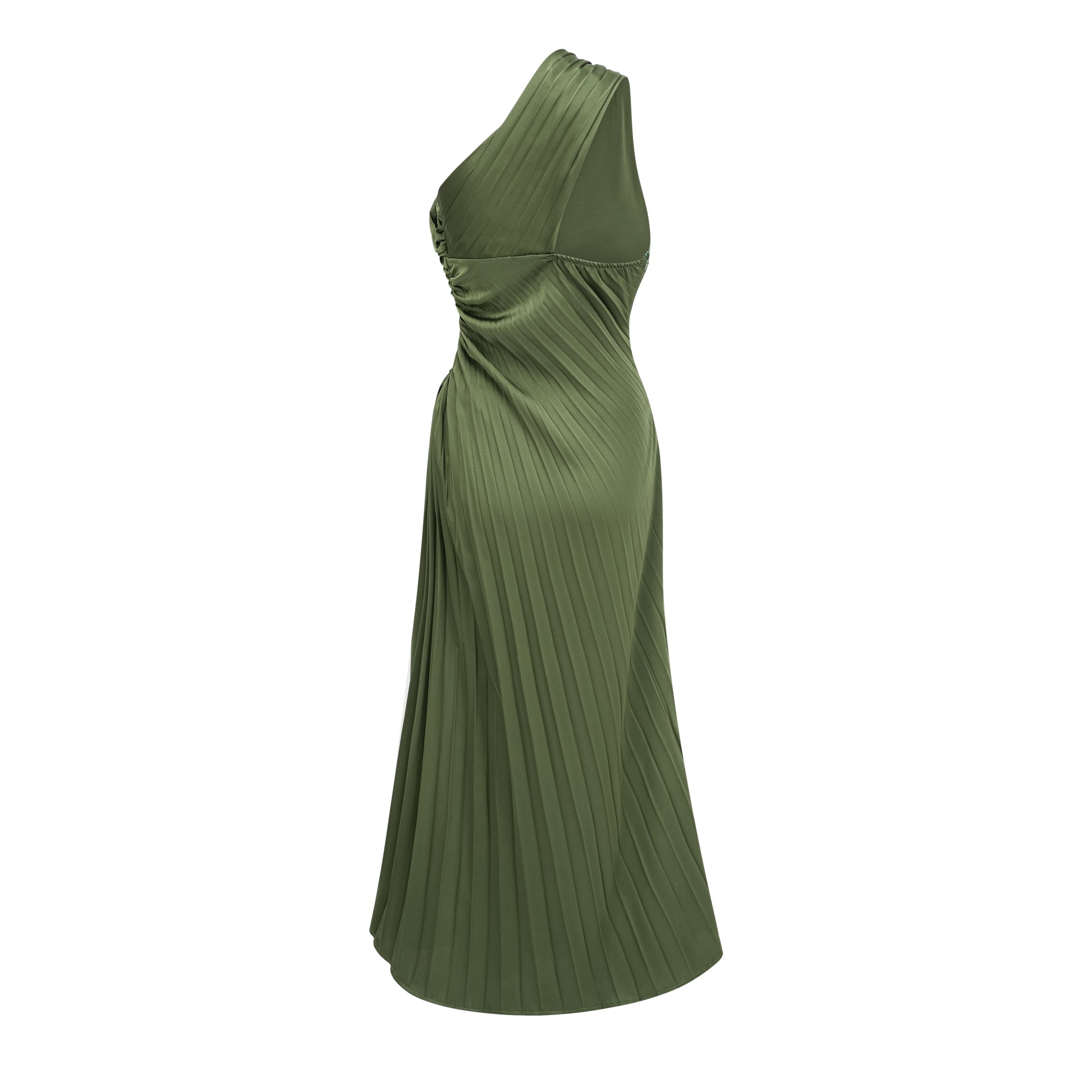 Olive green maxi dress with a pleated one-shoulder neckline and fully pleated draped skirt