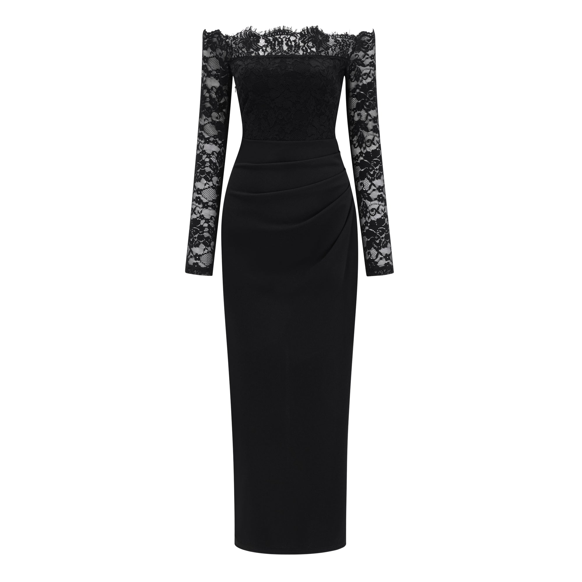 Nephele Black Off Shoulder Floral Lace Maxi Dress