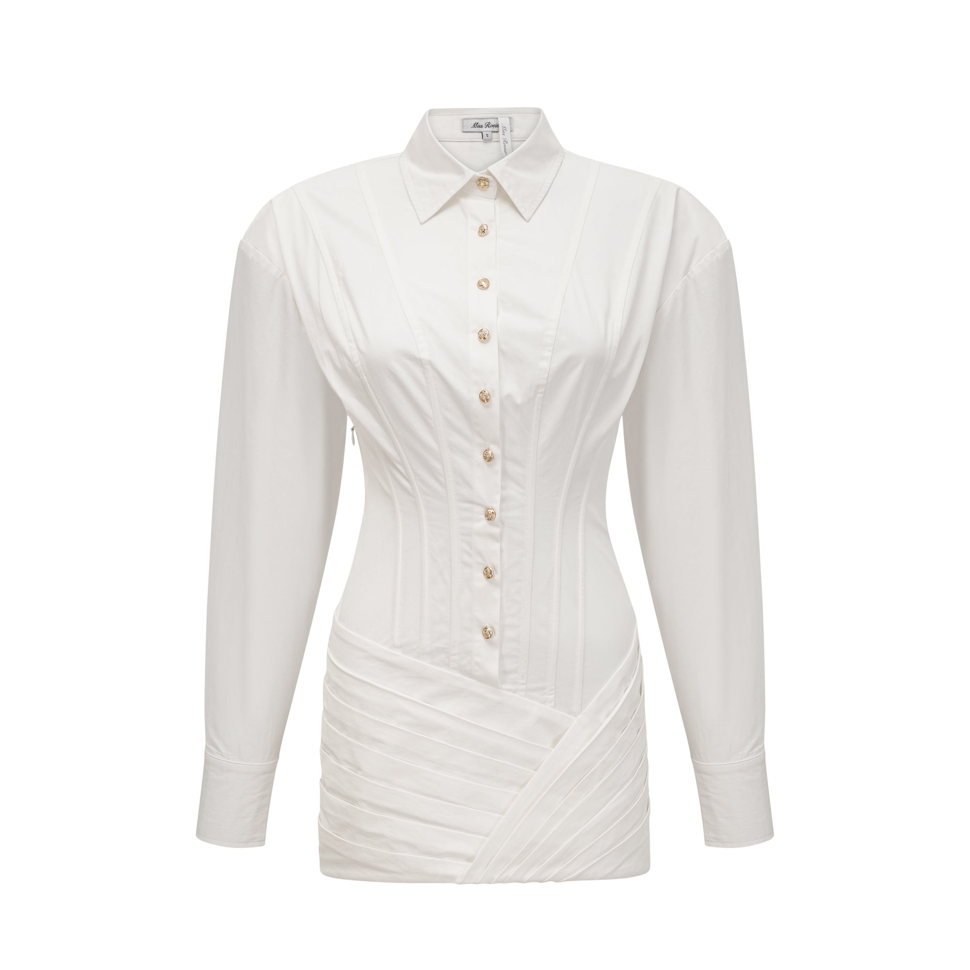 White long-sleeve corset shirt dress with a draped mini skirt