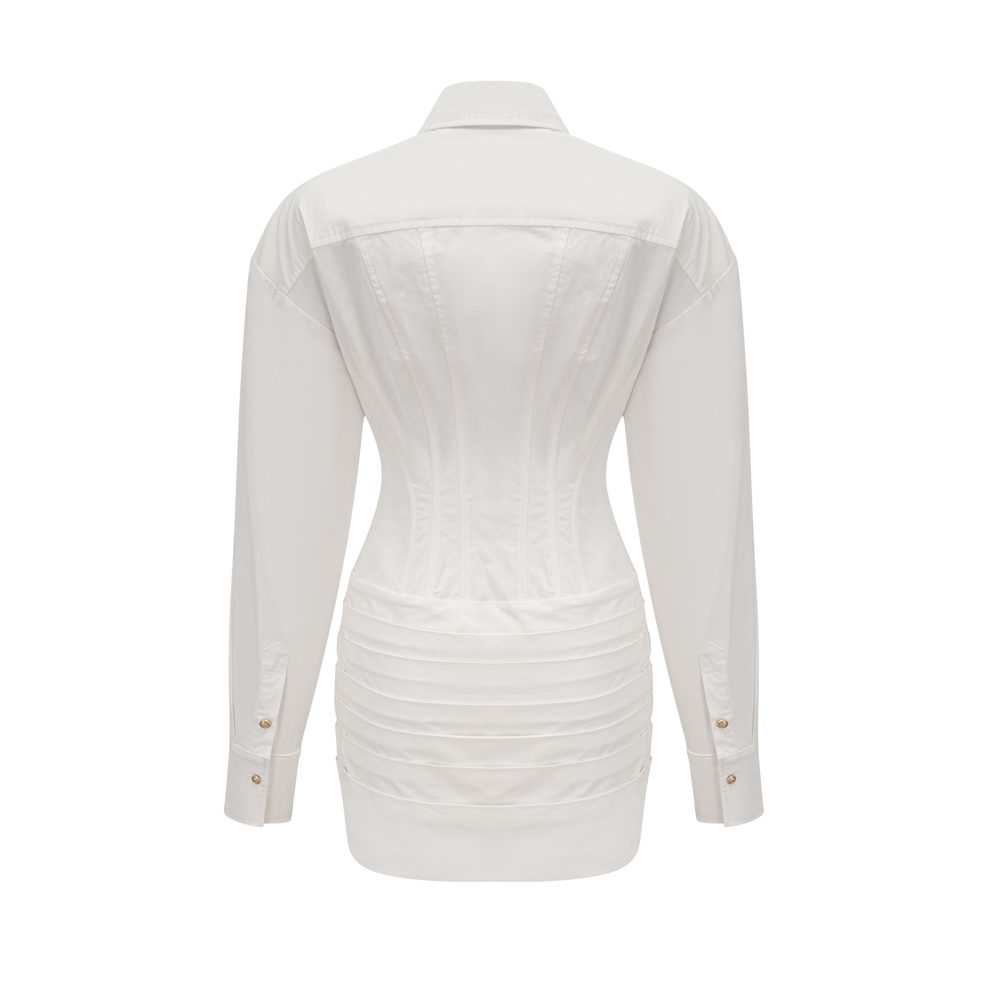 White long-sleeve corset shirt dress with a draped mini skirt