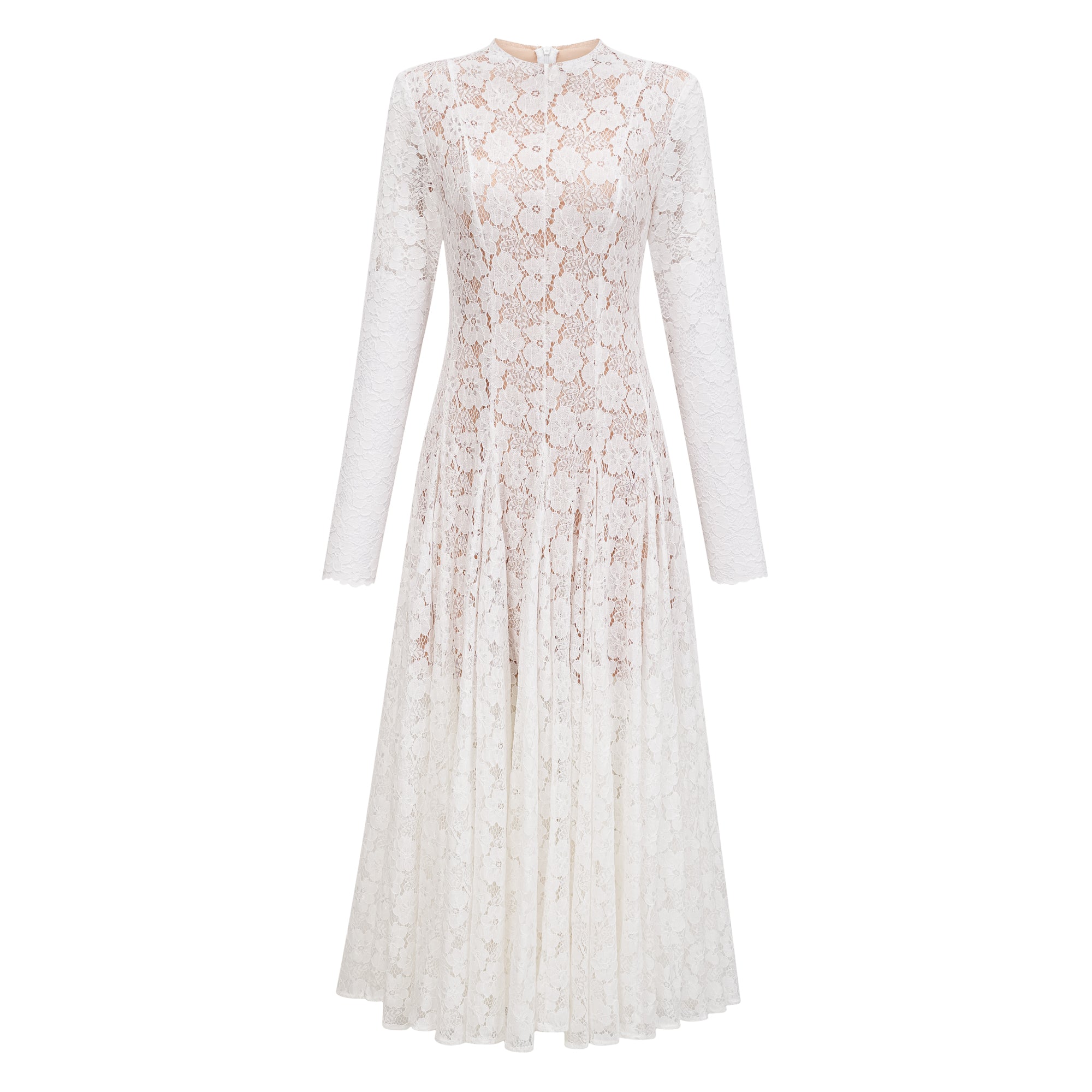 White Pleated Floral Lace Midi Dress