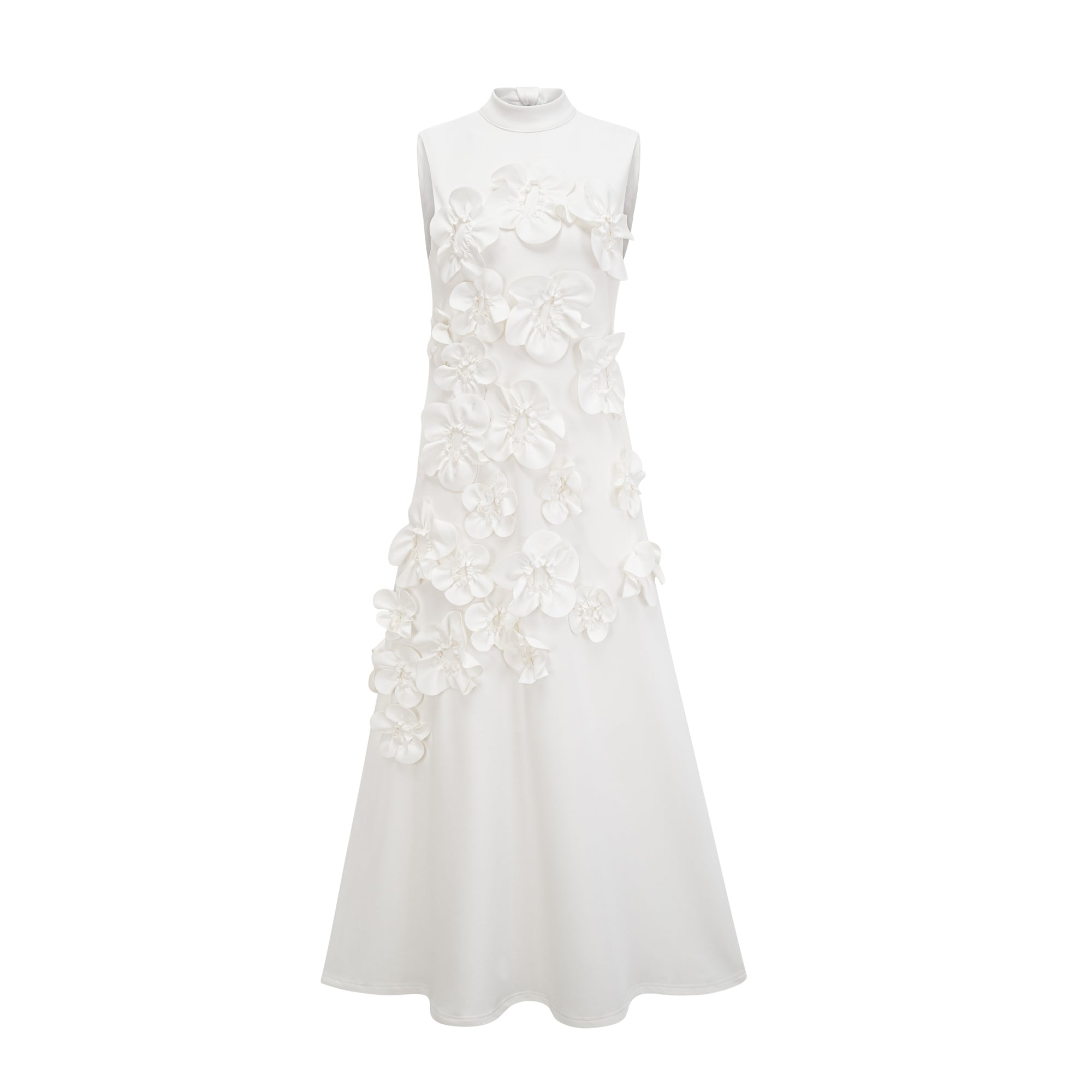 White sleeveless high-neck midi dress with 3D floral embellishments