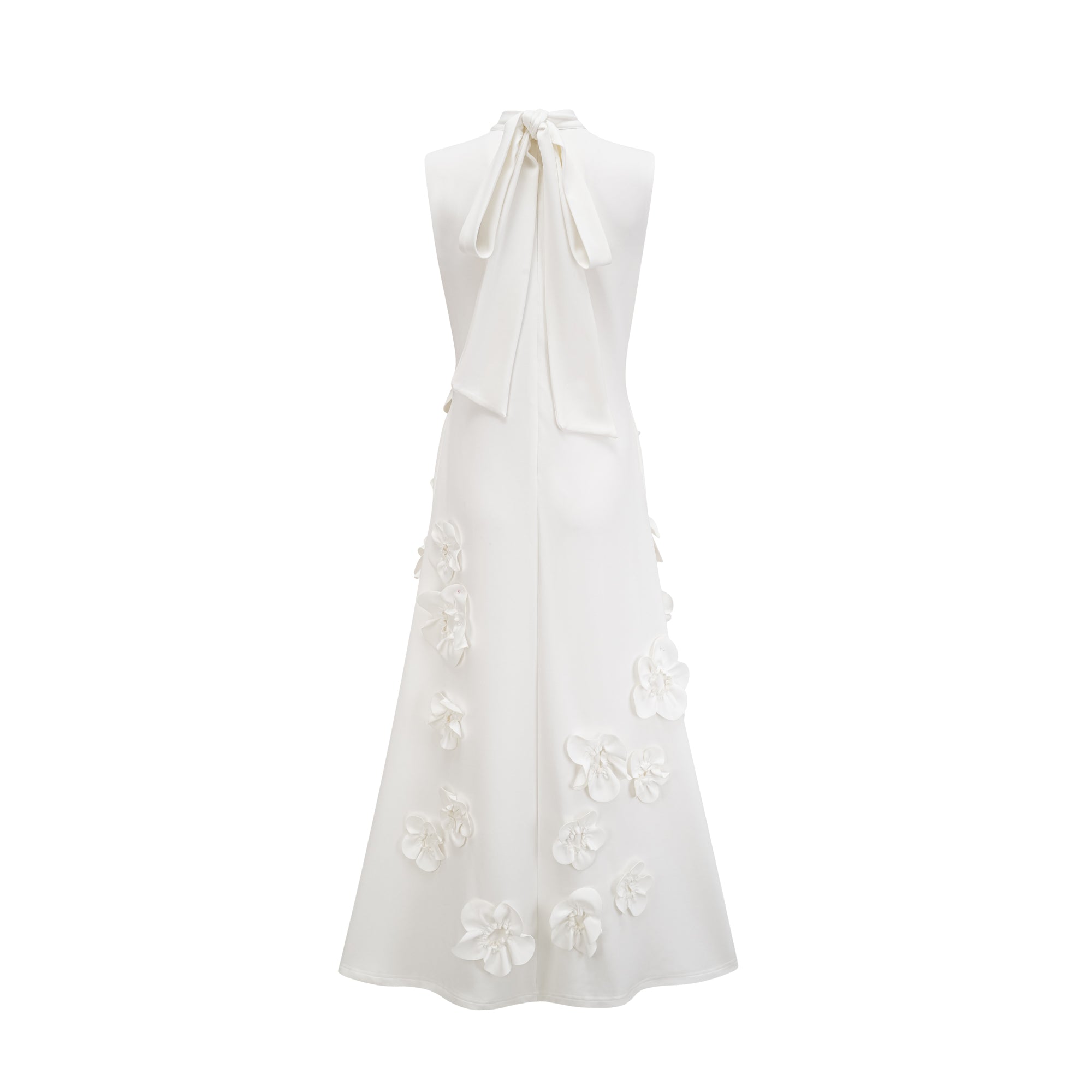 White sleeveless high-neck midi dress with 3D floral embellishments