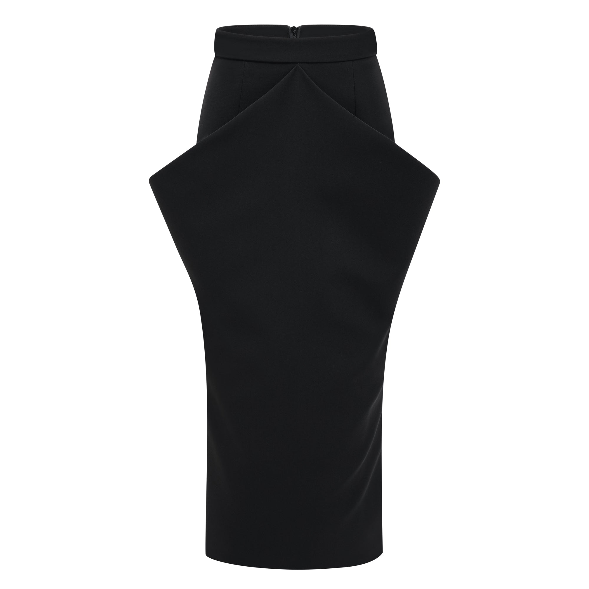 Black structured two-piece midi set with a boxy crop top and an exaggerated hip midi skirt
