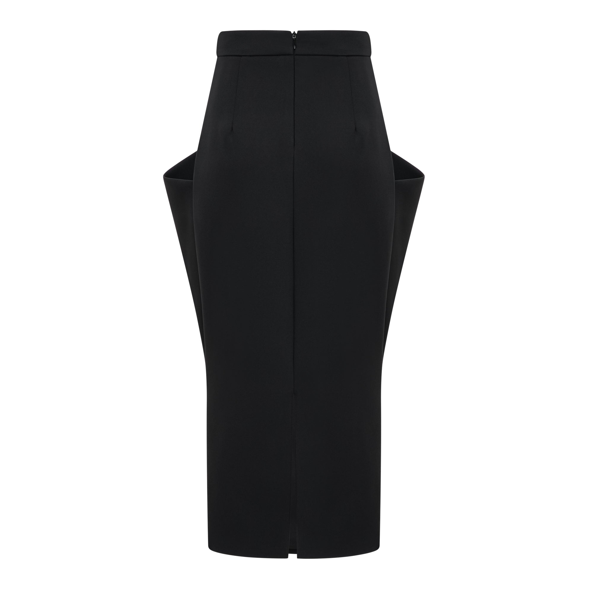 Black structured two-piece midi set with a boxy crop top and an exaggerated hip midi skirt