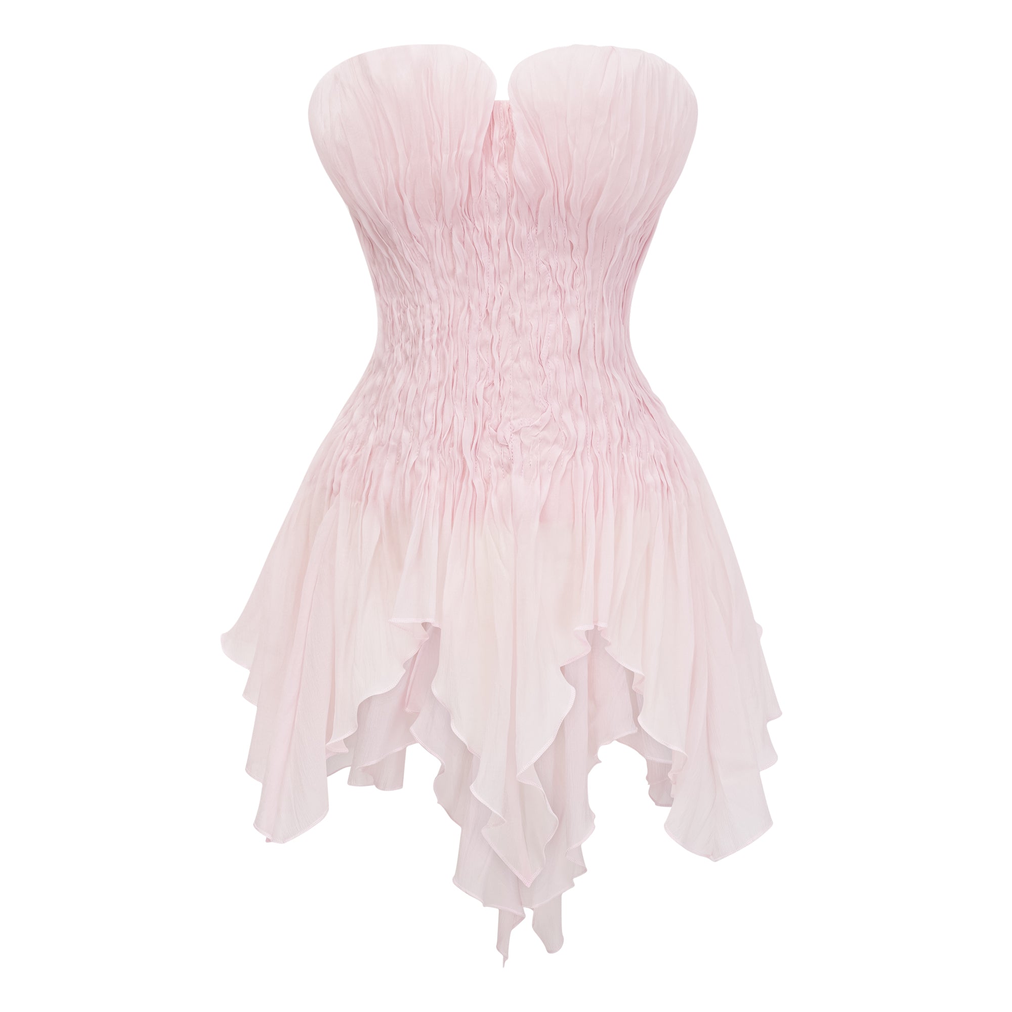 Light pink strapless ruched mini dress featuring a layered ruffle hemline