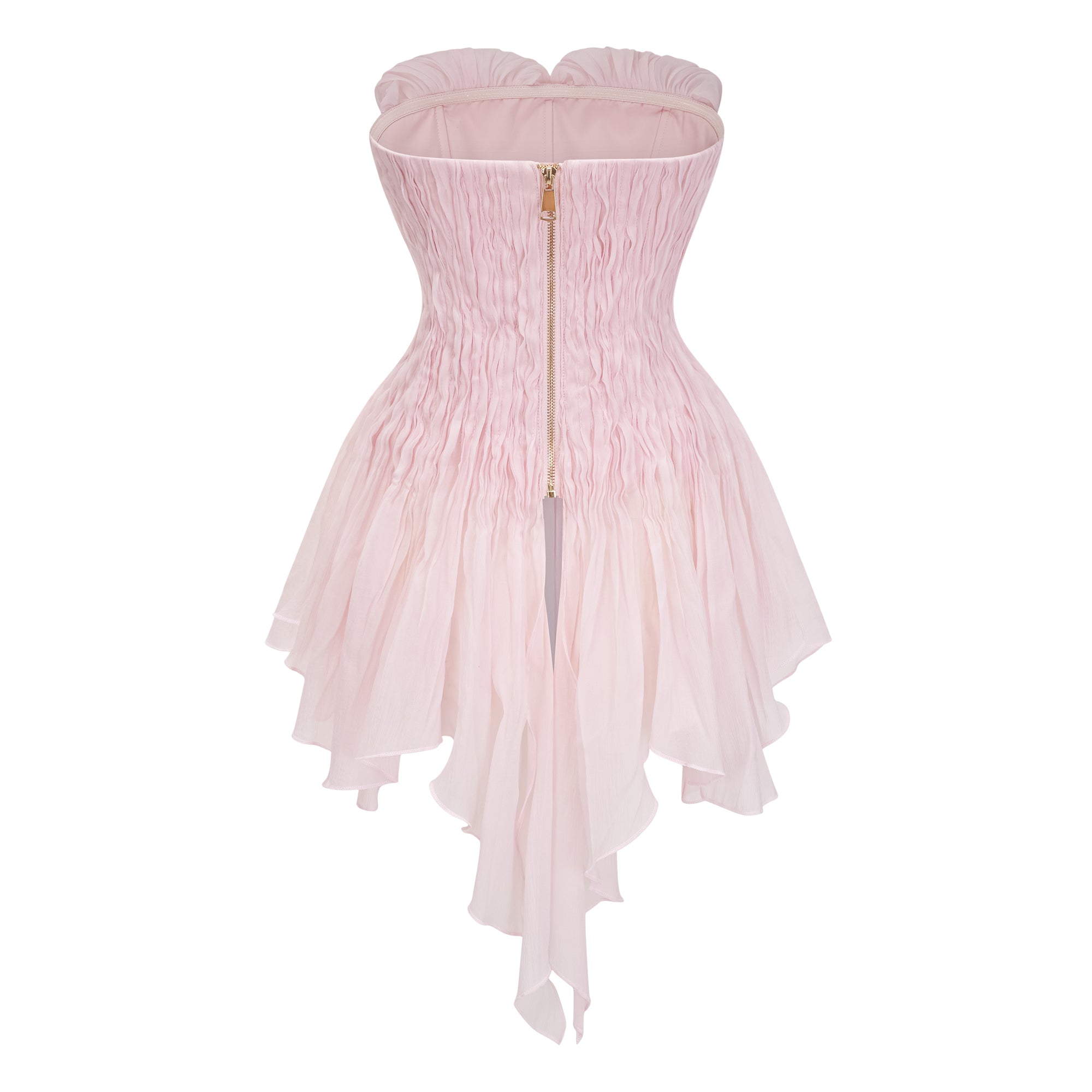 Light pink strapless ruched mini dress featuring a layered ruffle hemline