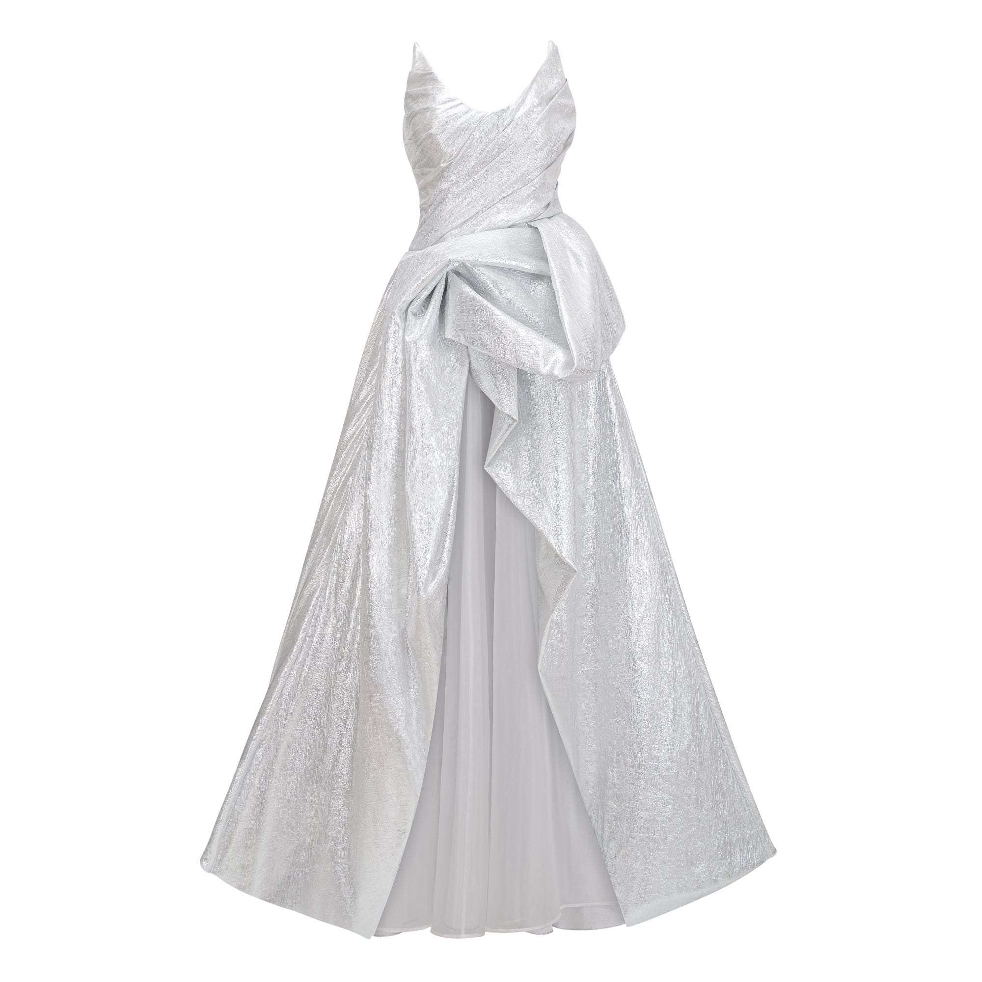 Metallic silver strapless gown with high slit