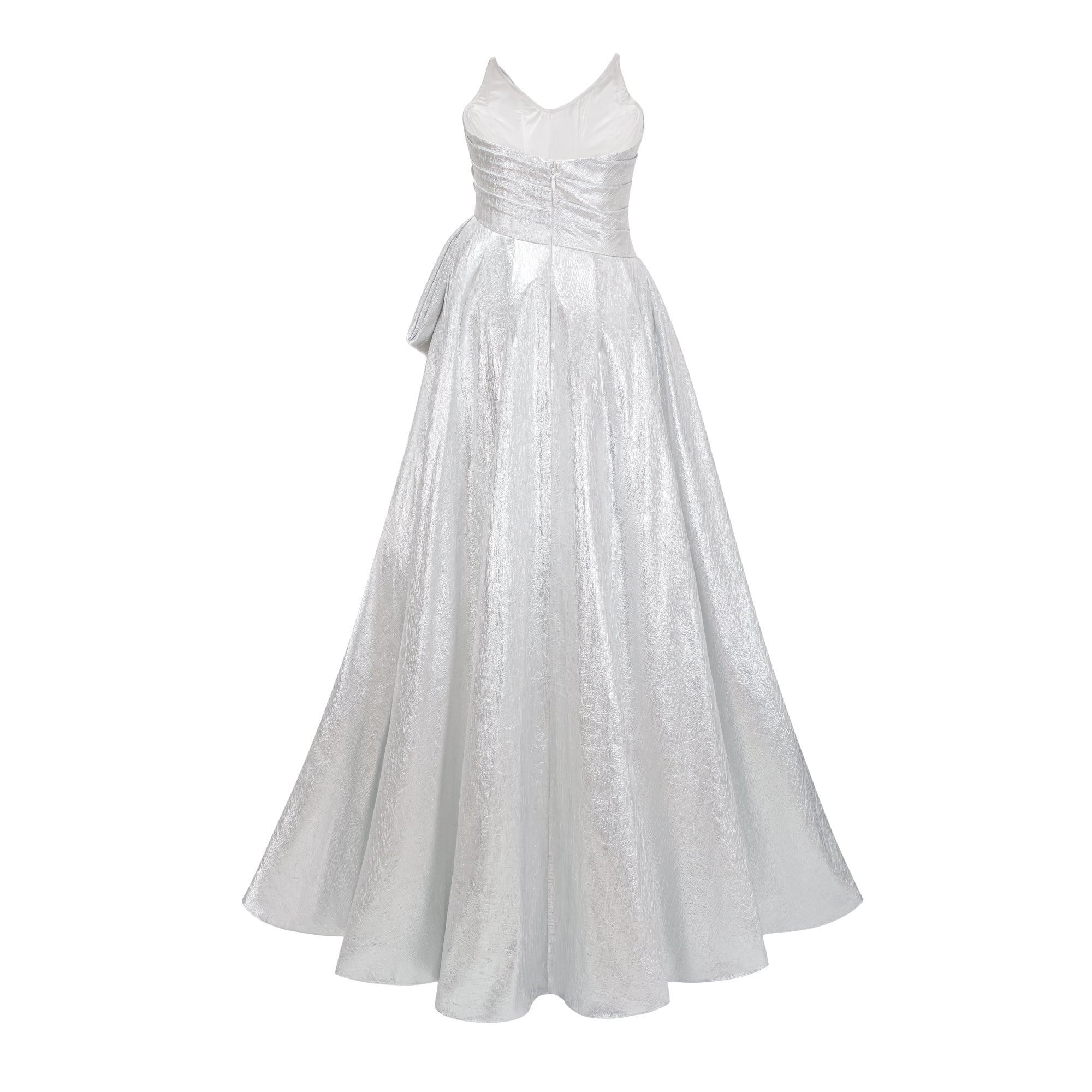Metallic silver strapless gown with high slit