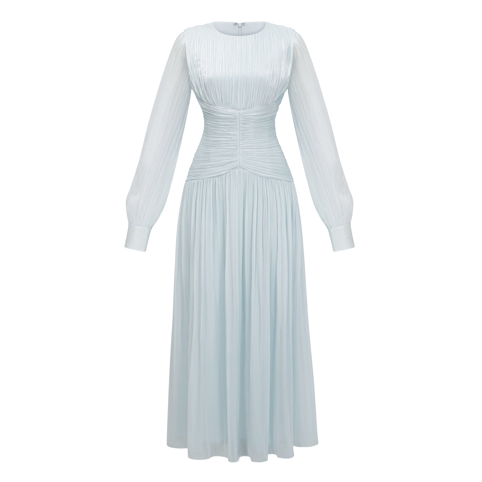 Light green maxi dress with a ruched bodice, round neckline, and long sheer sleeves