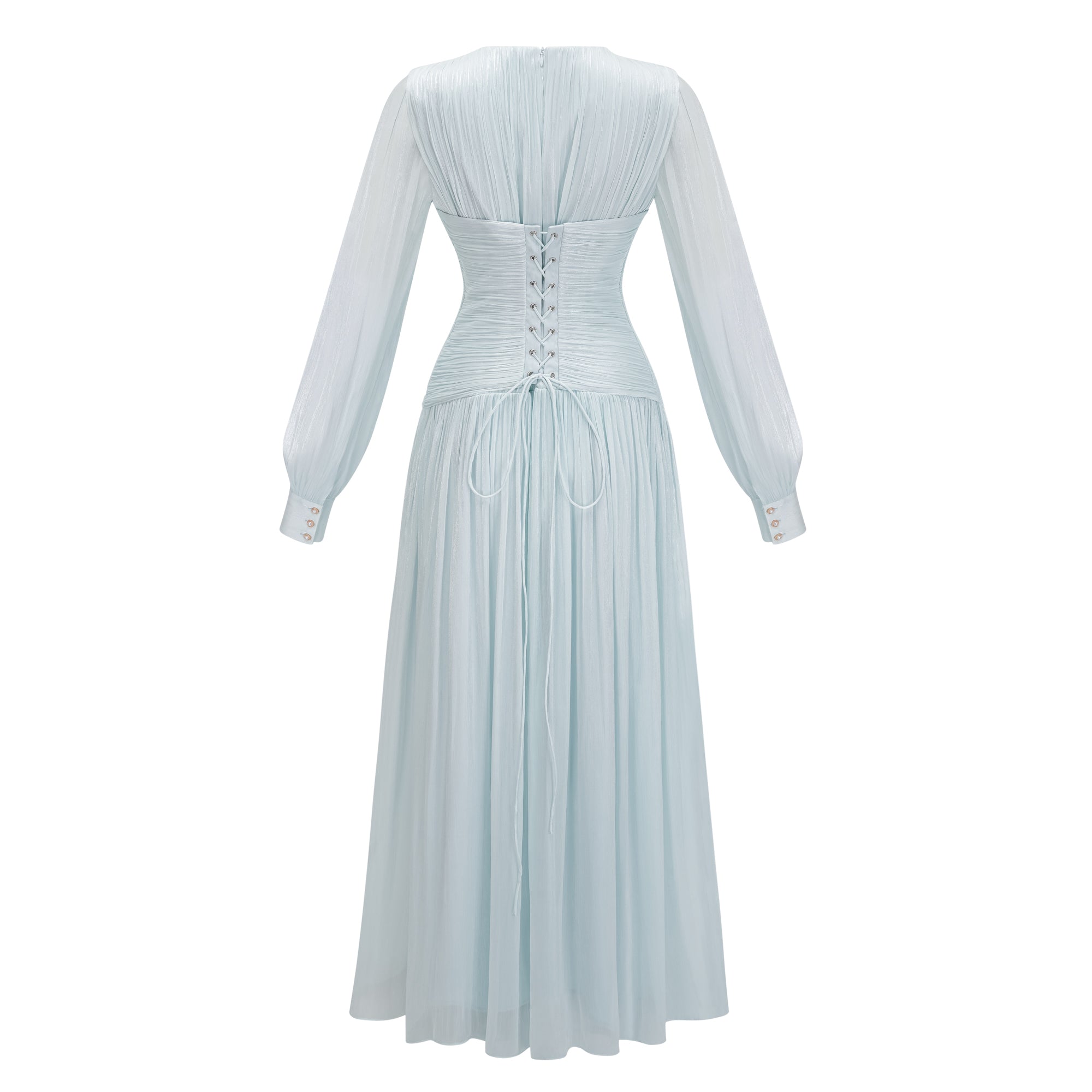 Light green maxi dress with a ruched bodice, round neckline, and long sheer sleeves