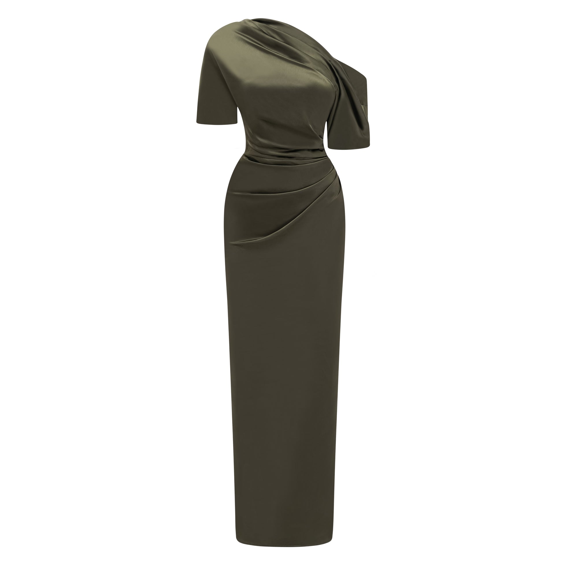 Olive green satin maxi dress with a draped one-shoulder neckline and ruched fitted skirt