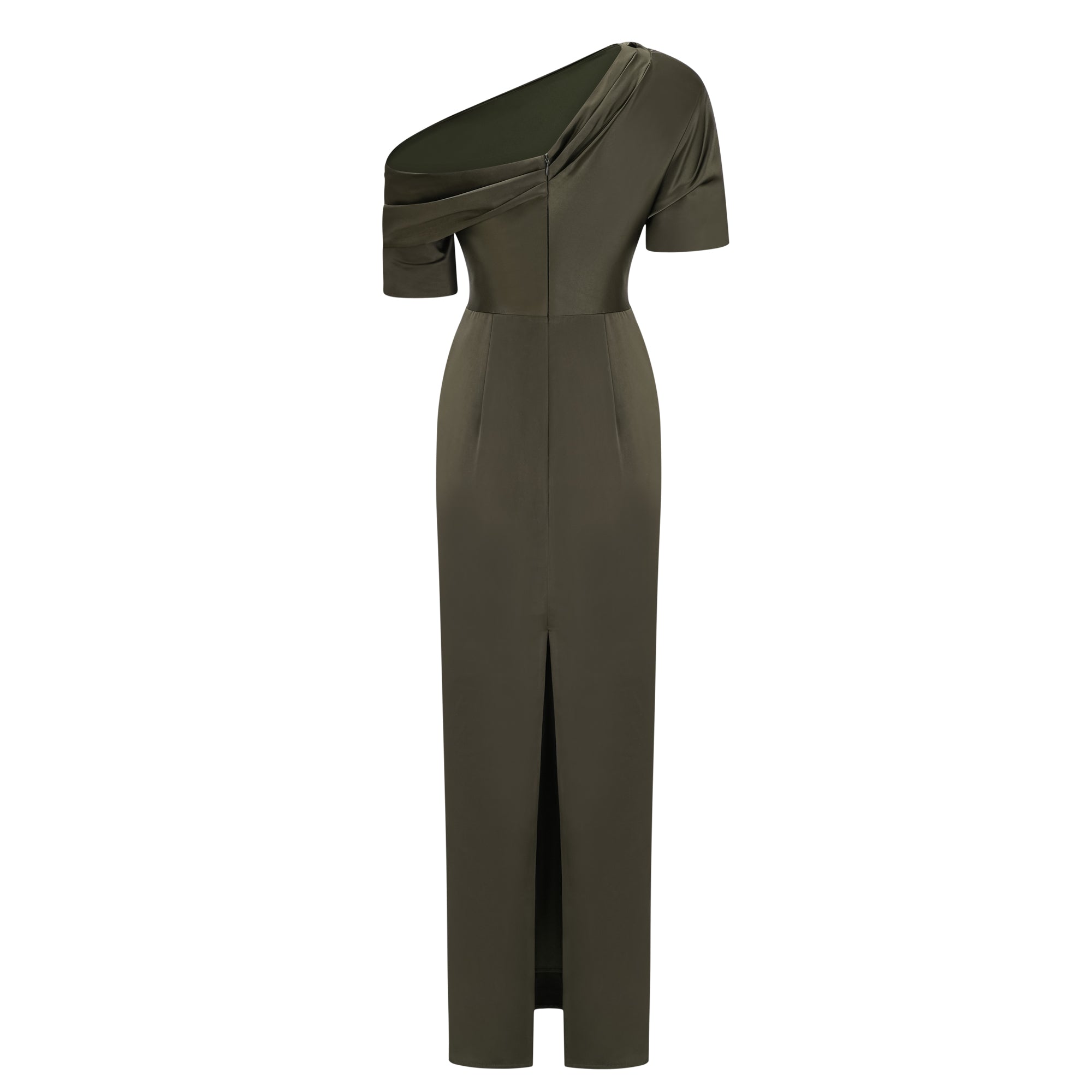 Olive green satin maxi dress with a draped one-shoulder neckline and ruched fitted skirt