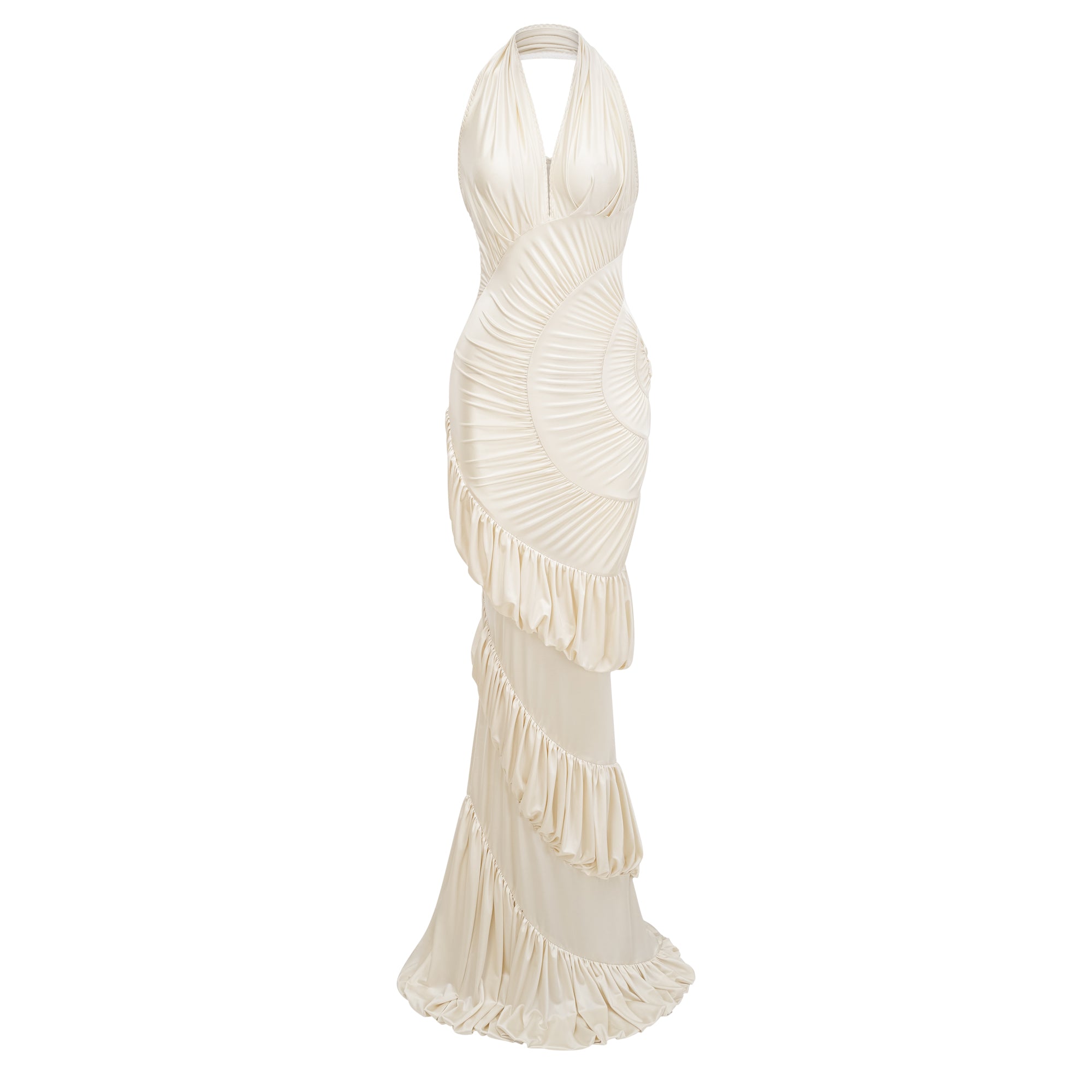 Halterneck Cream White Shirred Gown