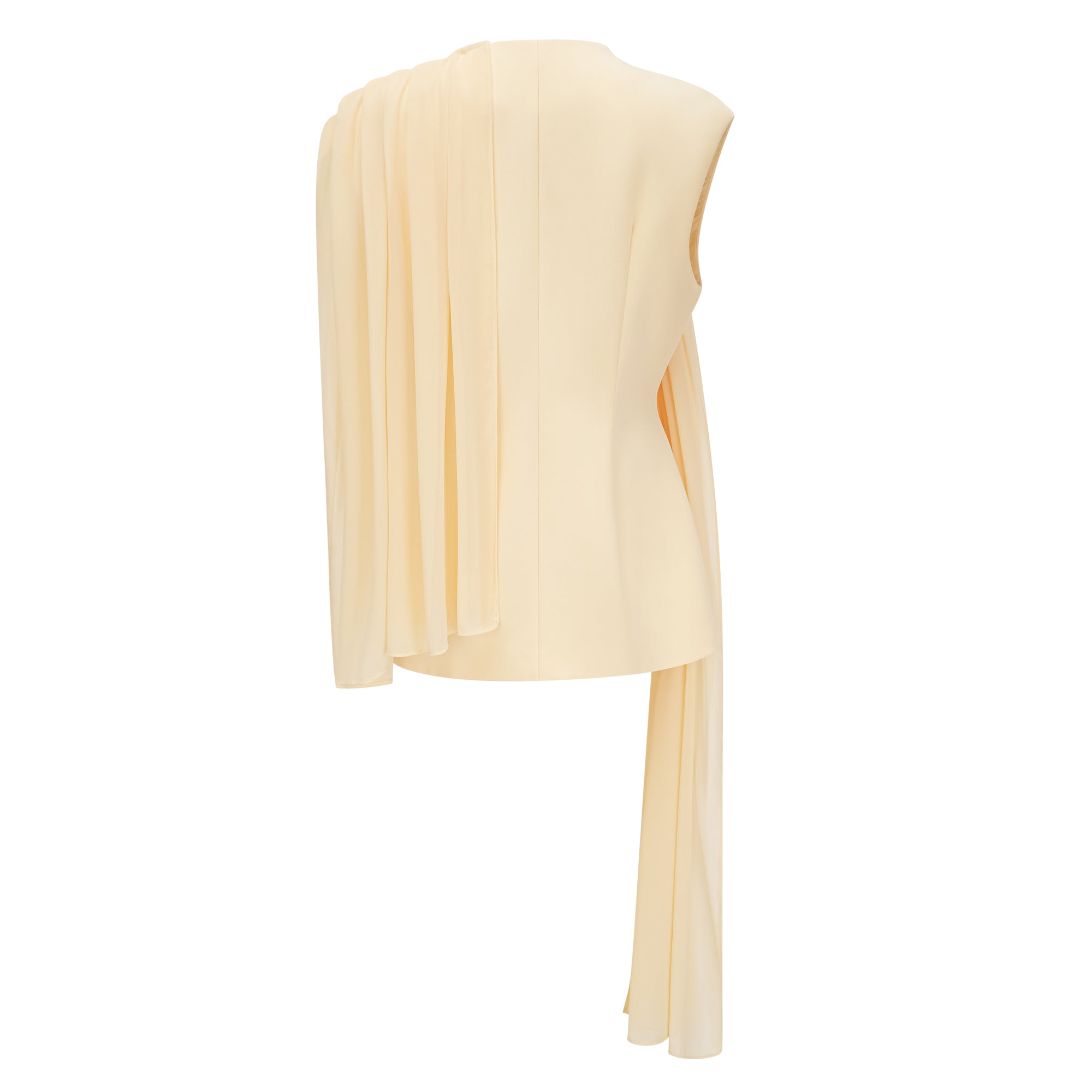 Pale yellow top and trousers set with an asymmetric blazer bodice, draped sheer neckline, and cape panels