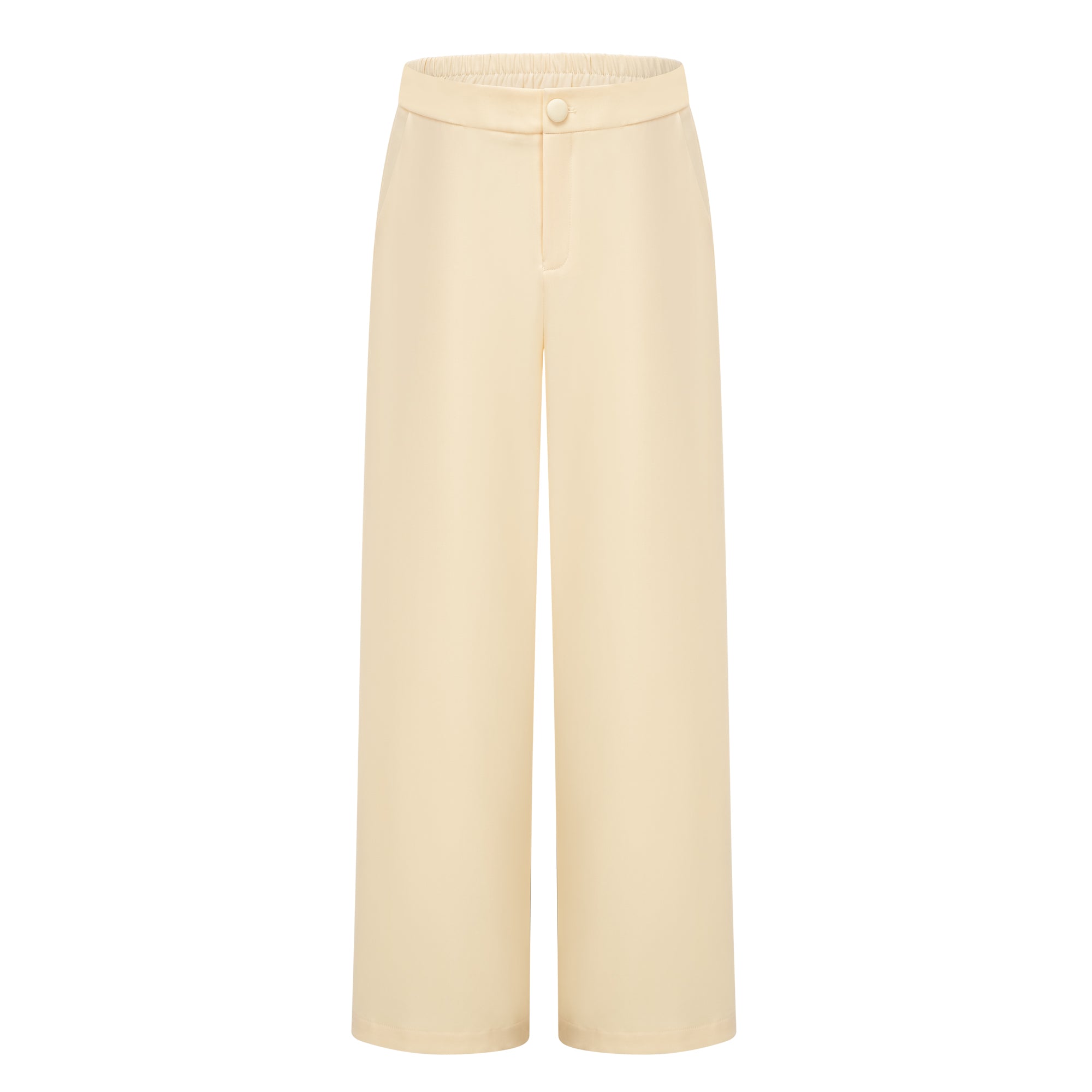 Pale yellow top and trousers set with an asymmetric blazer bodice, draped sheer neckline, and cape panels
