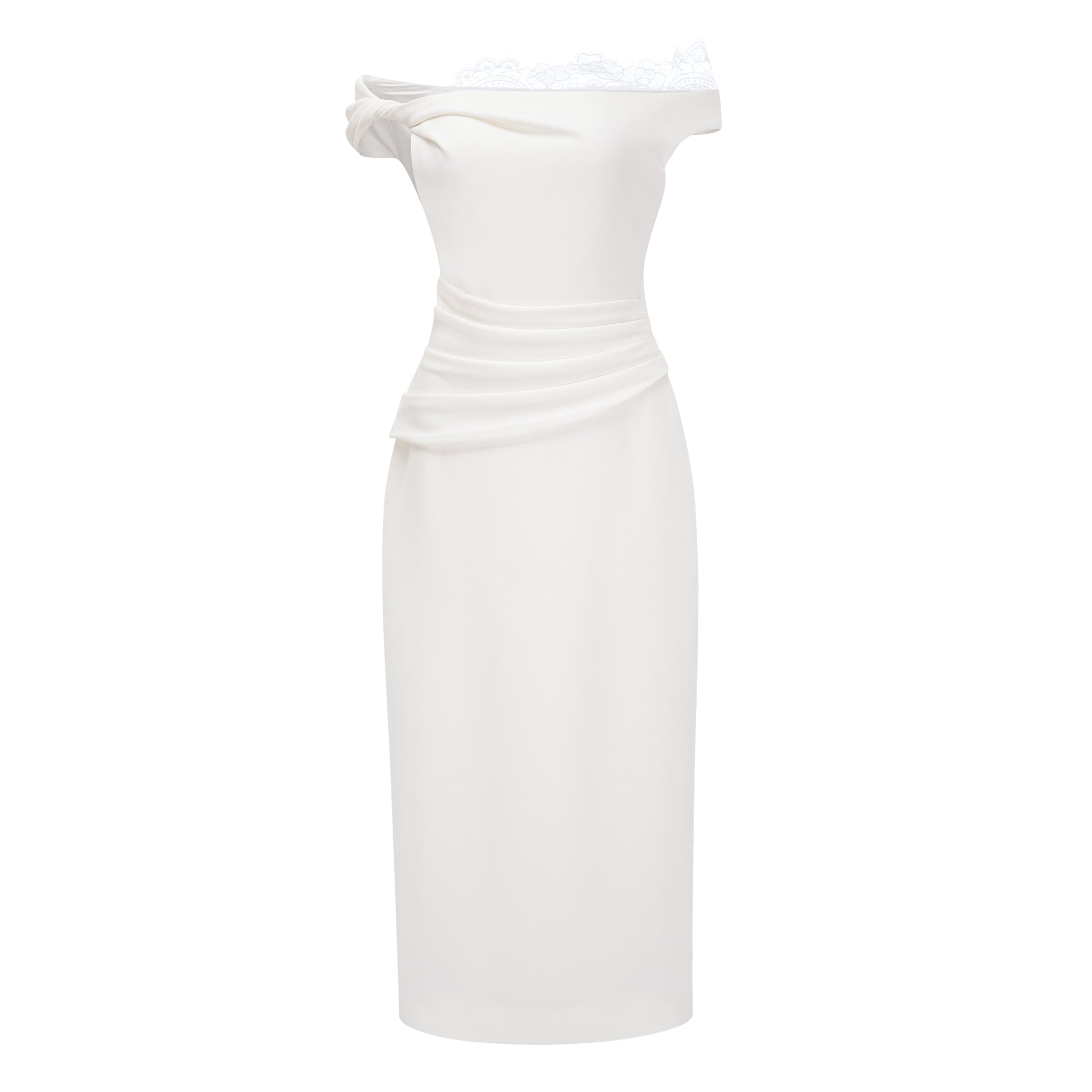 White high-neck halter maxi dress with an open back and asymmetric side drape
