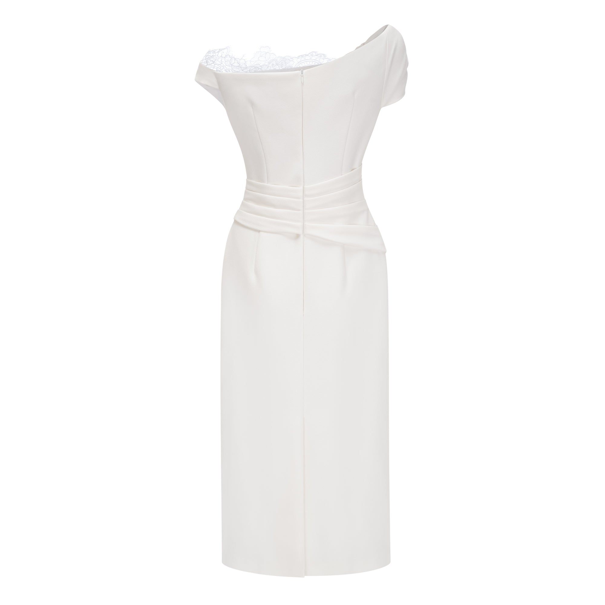 White high-neck halter maxi dress with an open back and asymmetric side drape