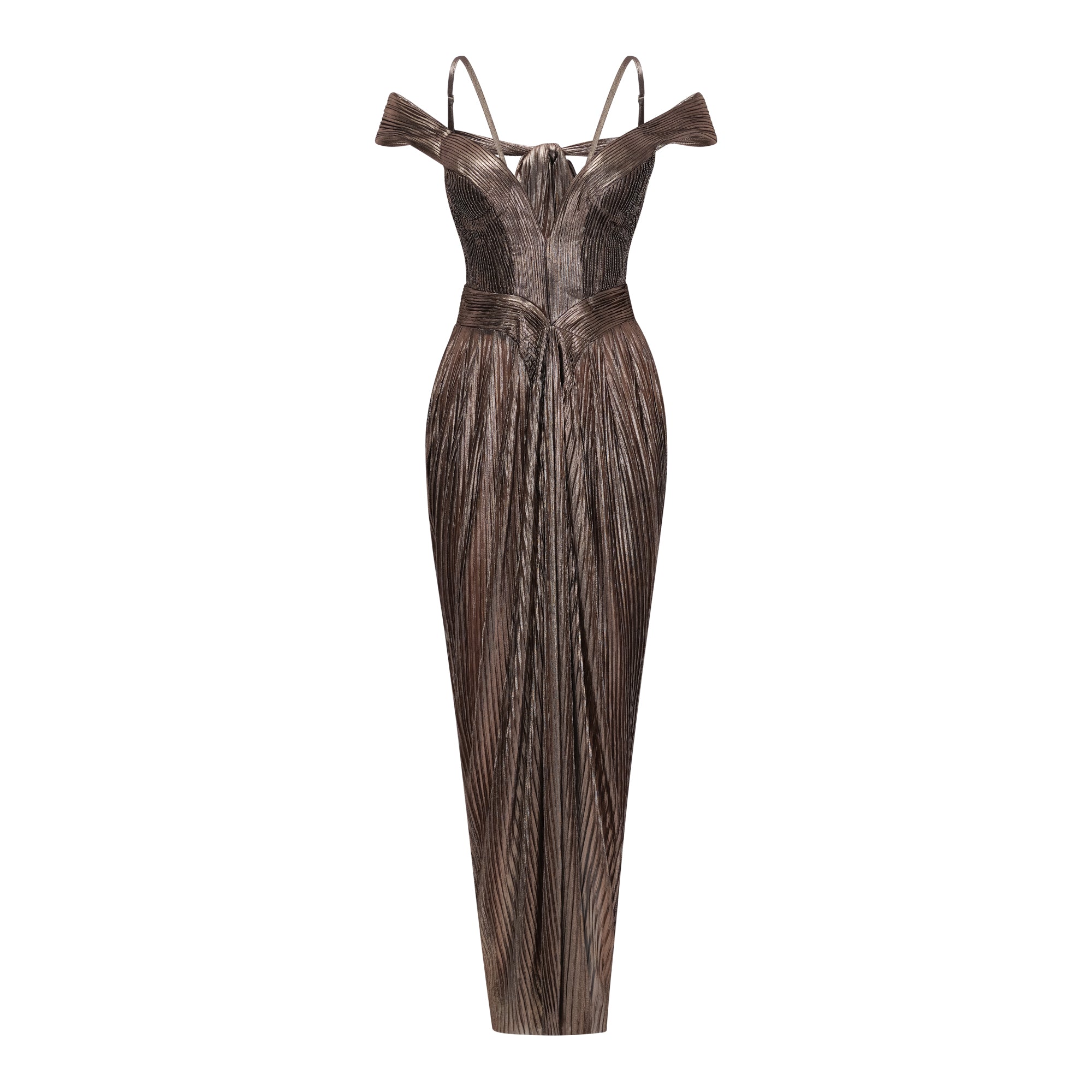 Bronze metallic plissé maxi dress with a plunging V-neckline and off-the-shoulder straps