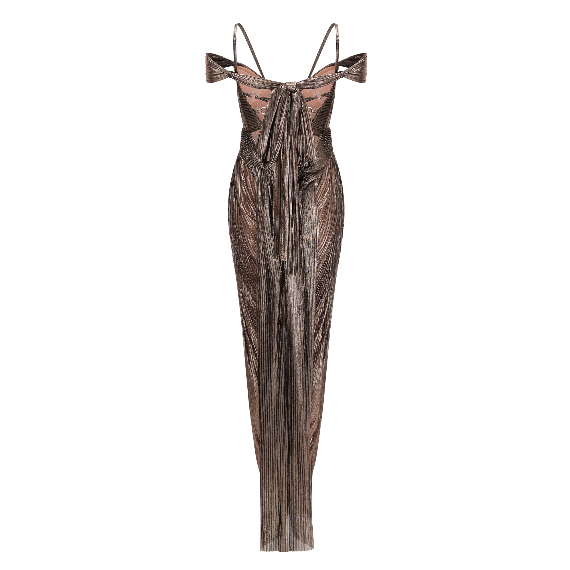 Bronze metallic plissé maxi dress with a plunging V-neckline and off-the-shoulder straps