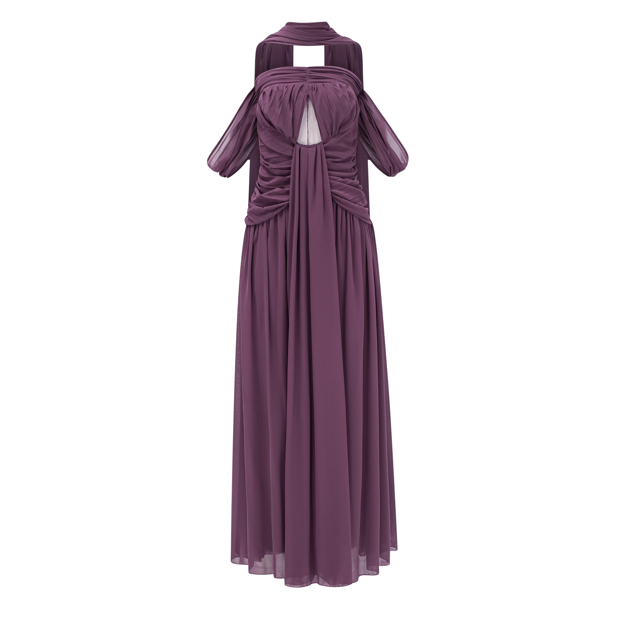 Purple Chiffon Pleated Maxi Dress with Choker Neck and Off-the-Shoulder Sleeves