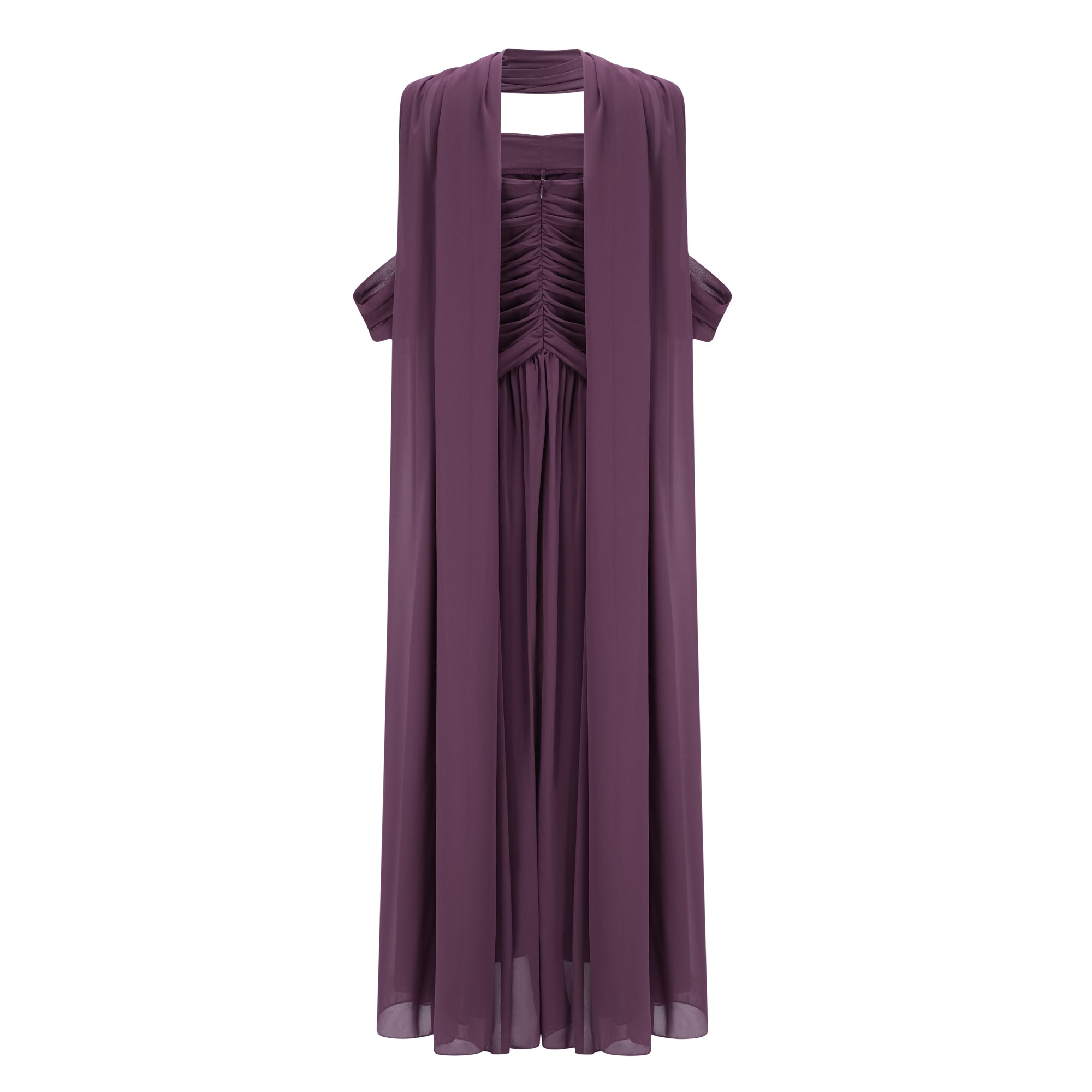 Purple Chiffon Pleated Maxi Dress with Choker Neck and Off-the-Shoulder Sleeves