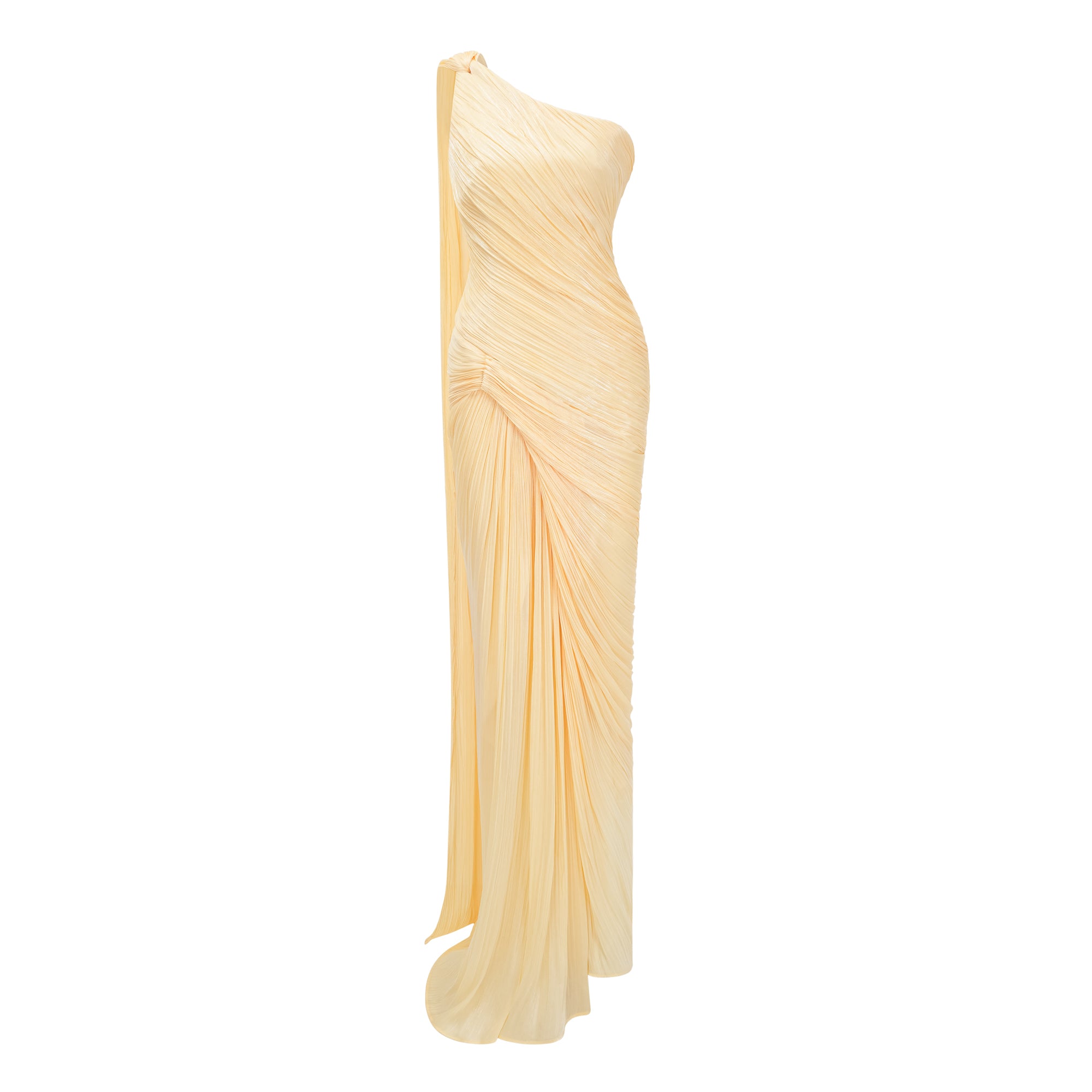 Pale yellow one-shoulder plissé maxi dress with a draped high slit and a trailing hem