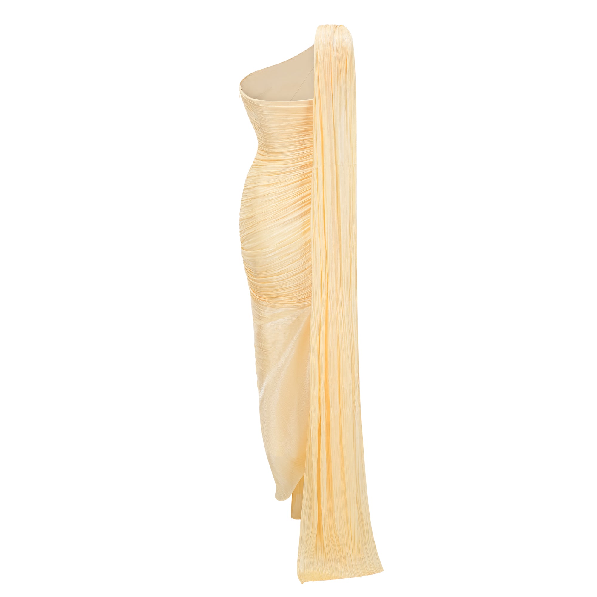 Pale yellow one-shoulder plissé maxi dress with a draped high slit and a trailing hem