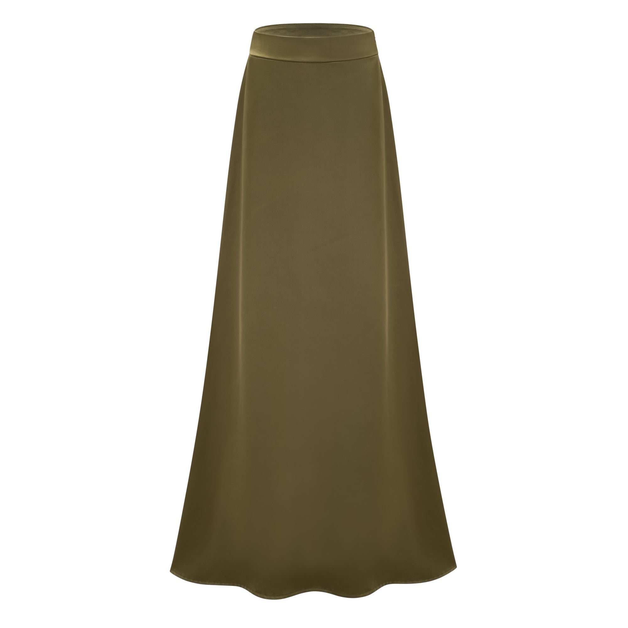 Olive green sleeveless maxi dress with a satin skirt