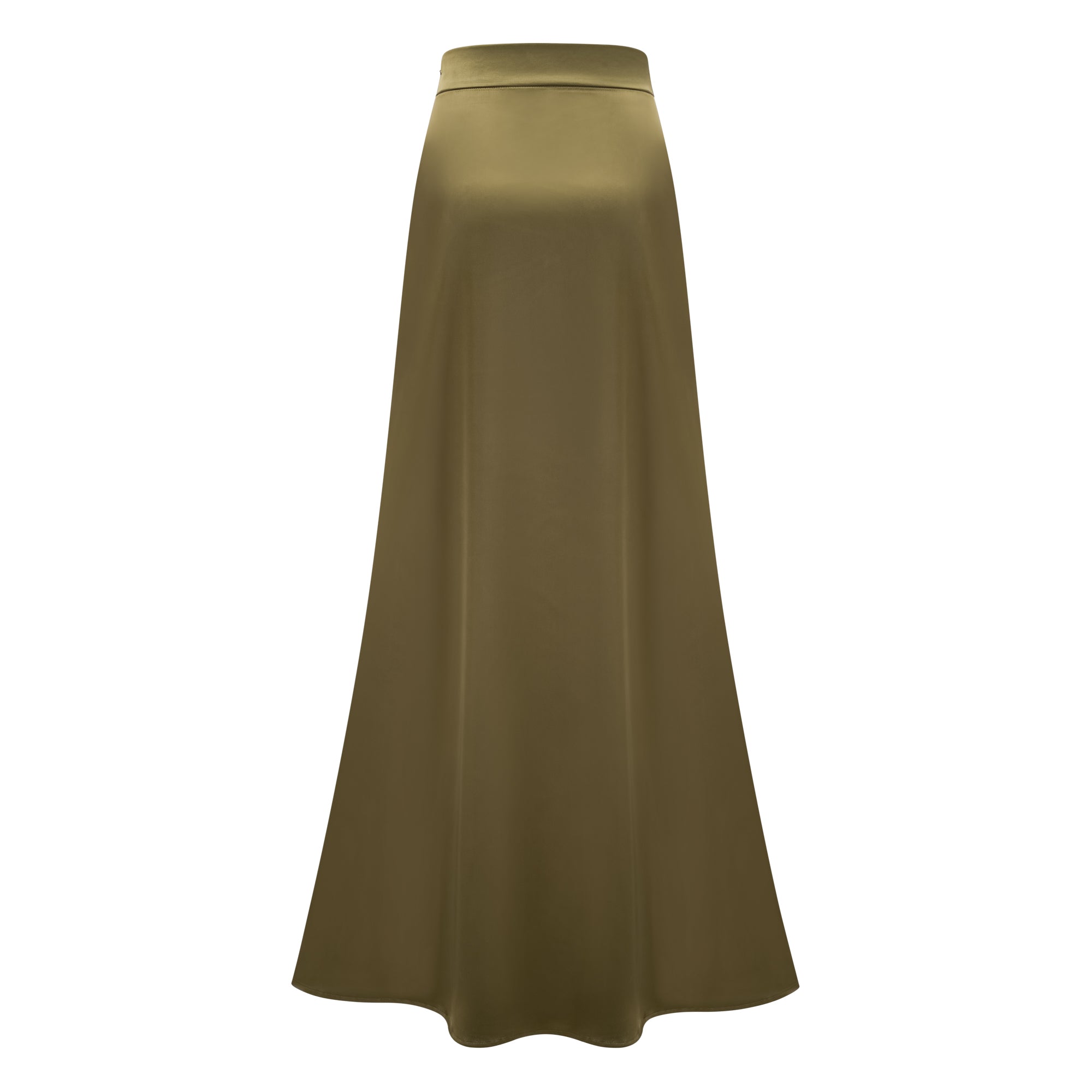 Olive green sleeveless maxi dress with a satin skirt