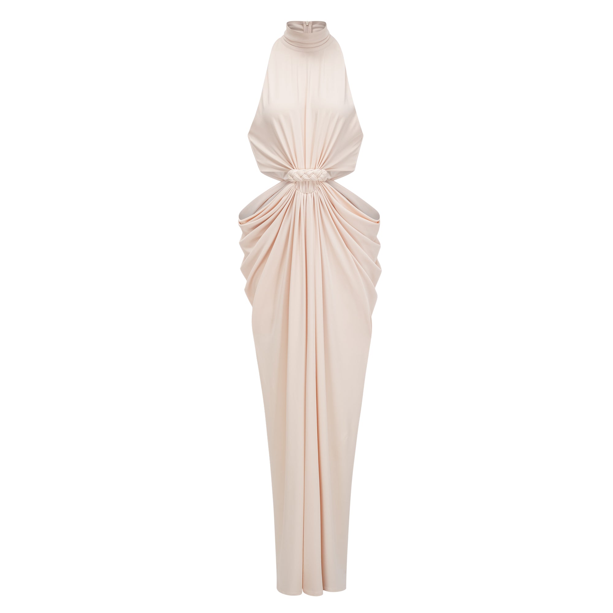 Cream halter maxi dress with waist cutouts and a knotted draped bodice