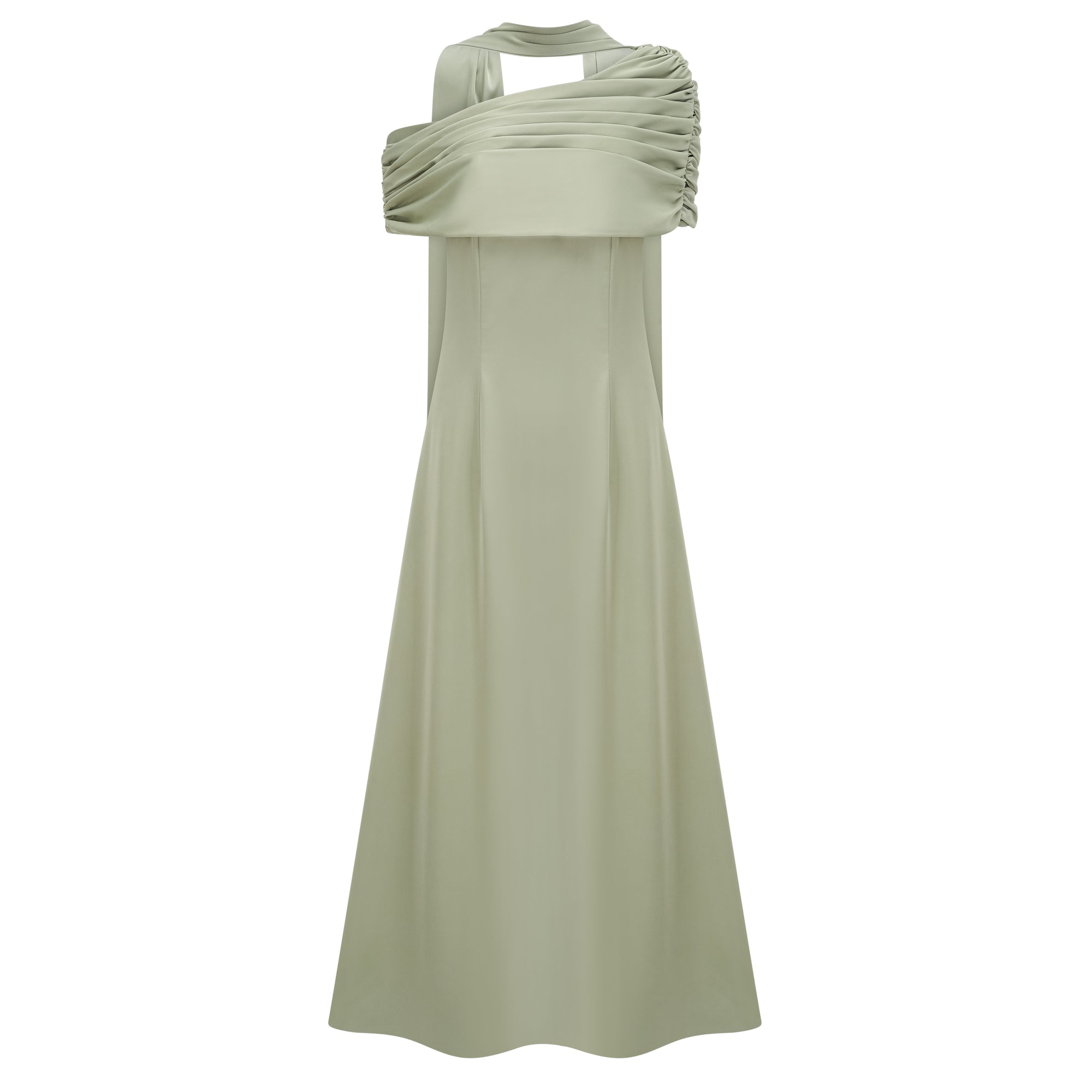 Light sage green draped satin gown with cape detail