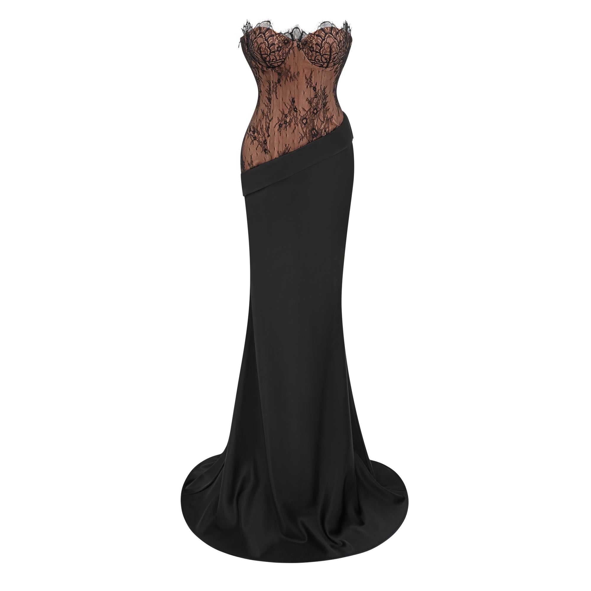 Black Lace Panel Satin Maxi Dress