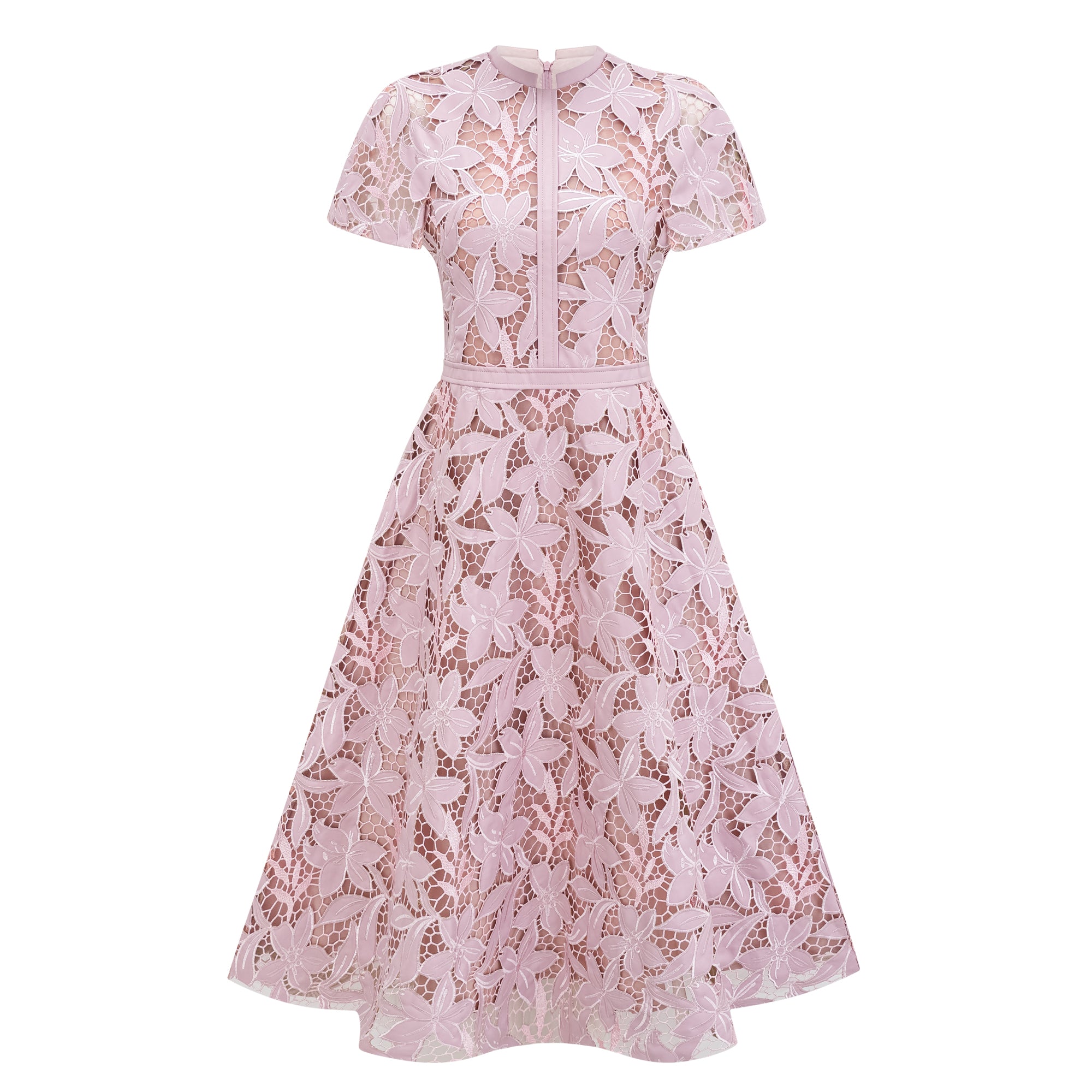 Pink floral laser-cut midi dress with short sleeves and a high neckline