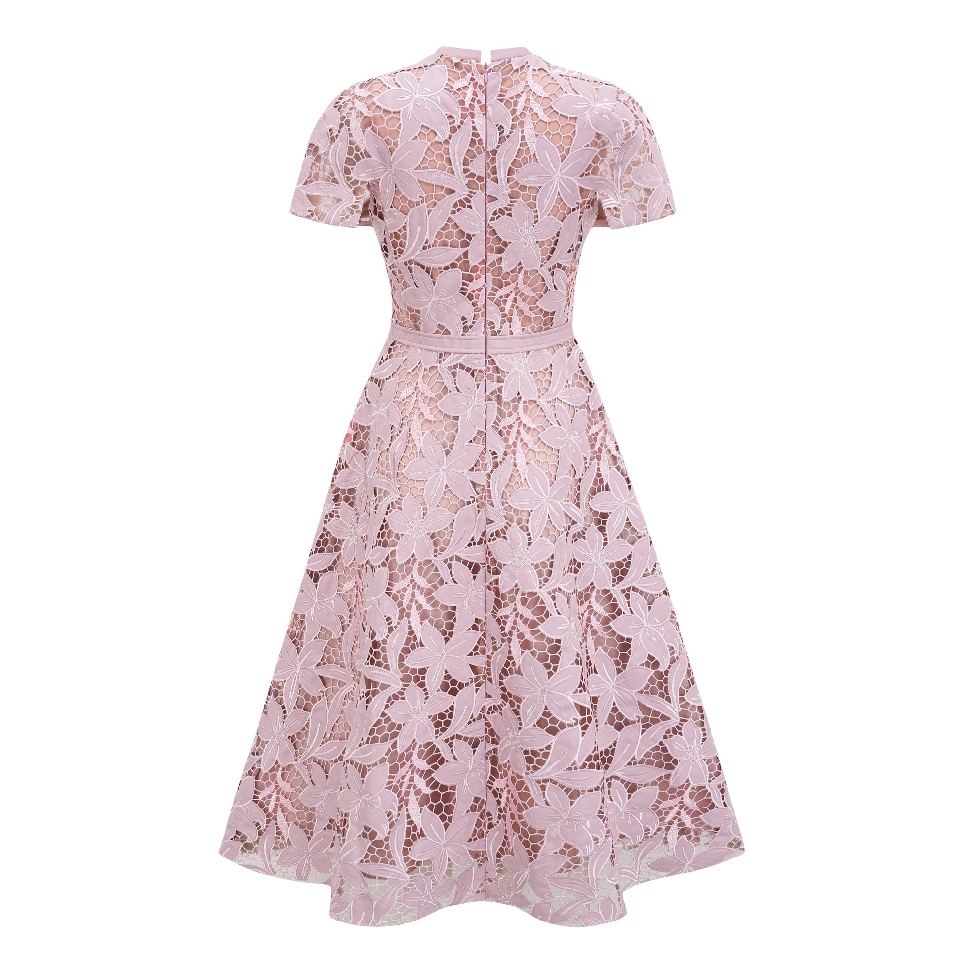 Pink floral laser-cut midi dress with short sleeves and a high neckline