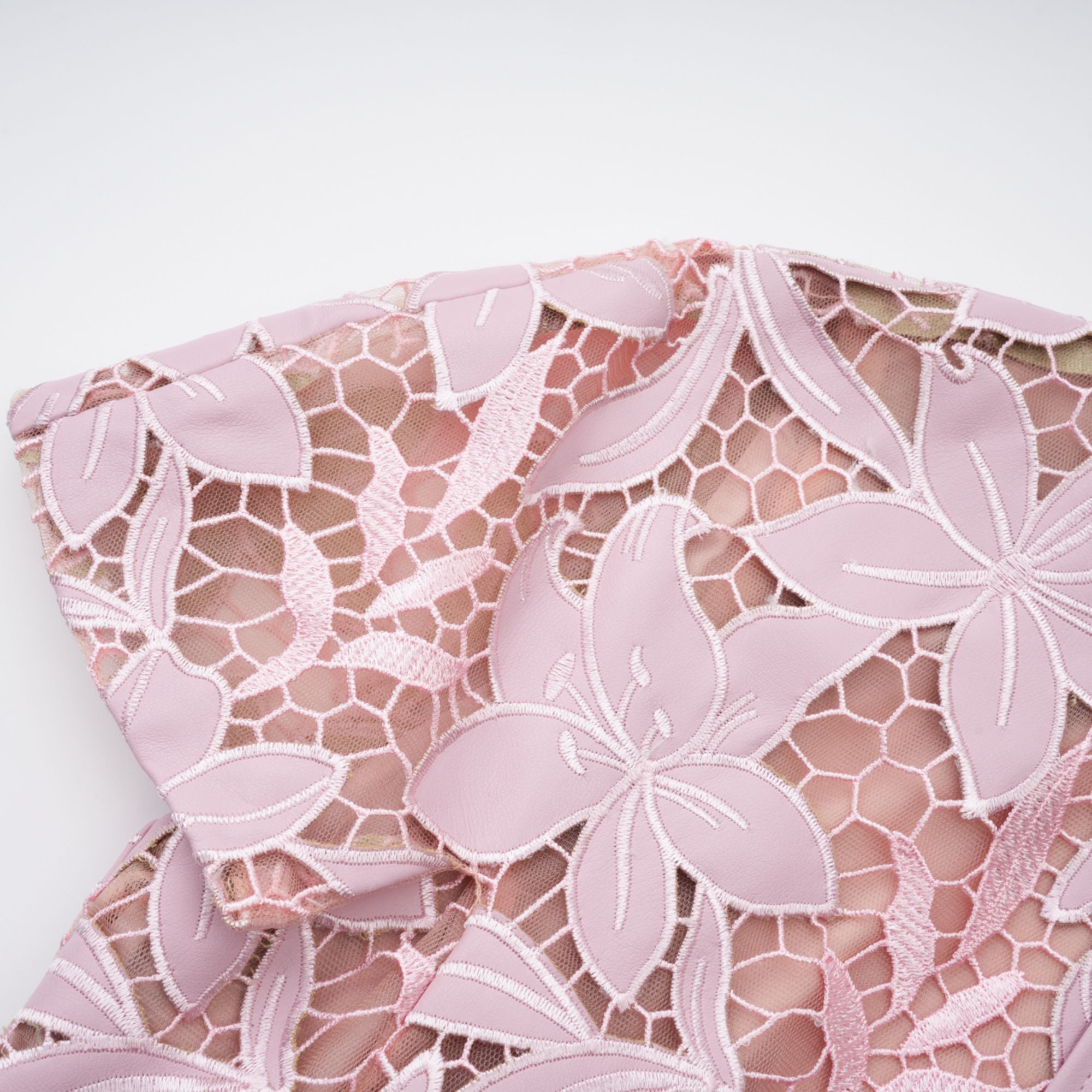 Pink floral laser-cut midi dress with short sleeves and a high neckline