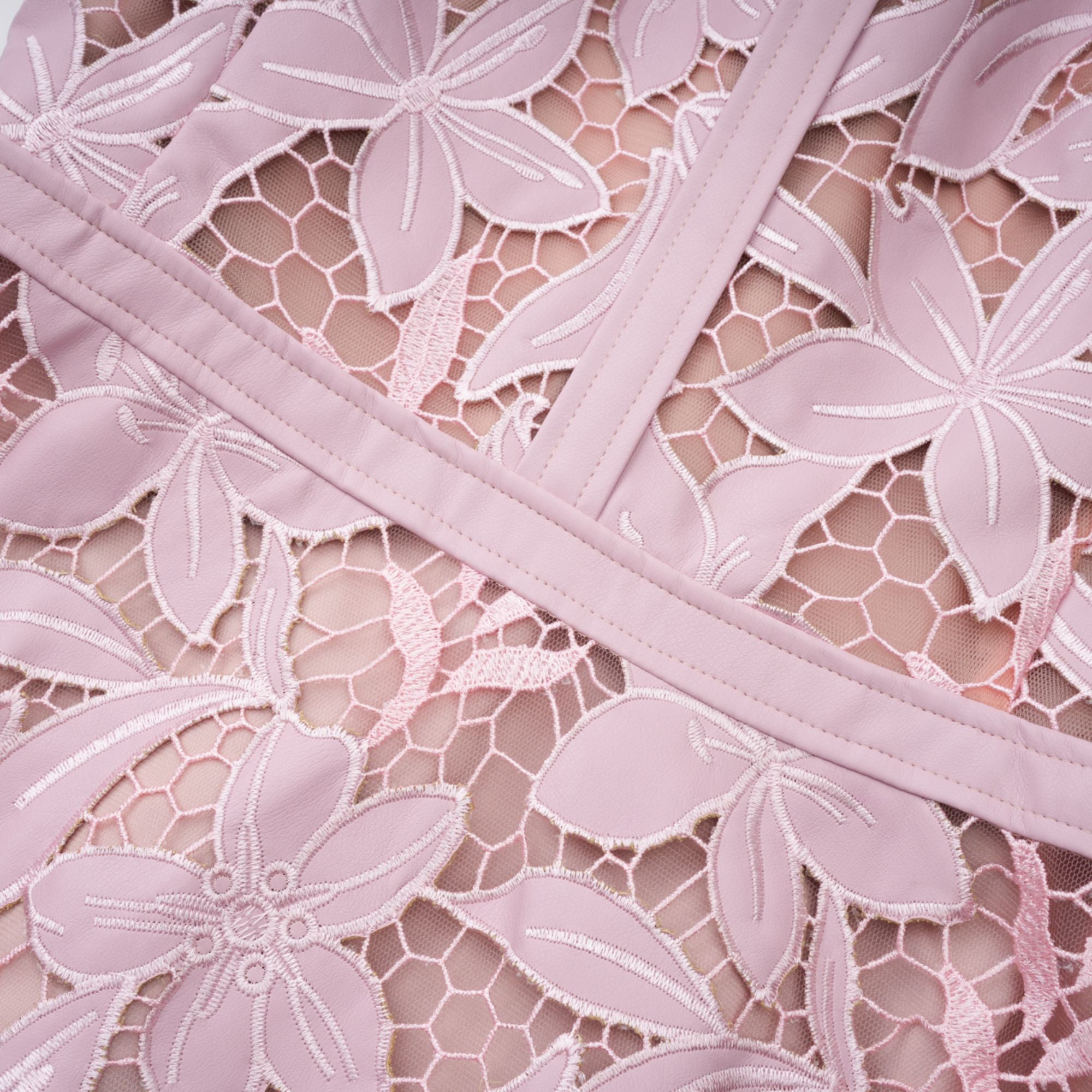 Pink floral laser-cut midi dress with short sleeves and a high neckline