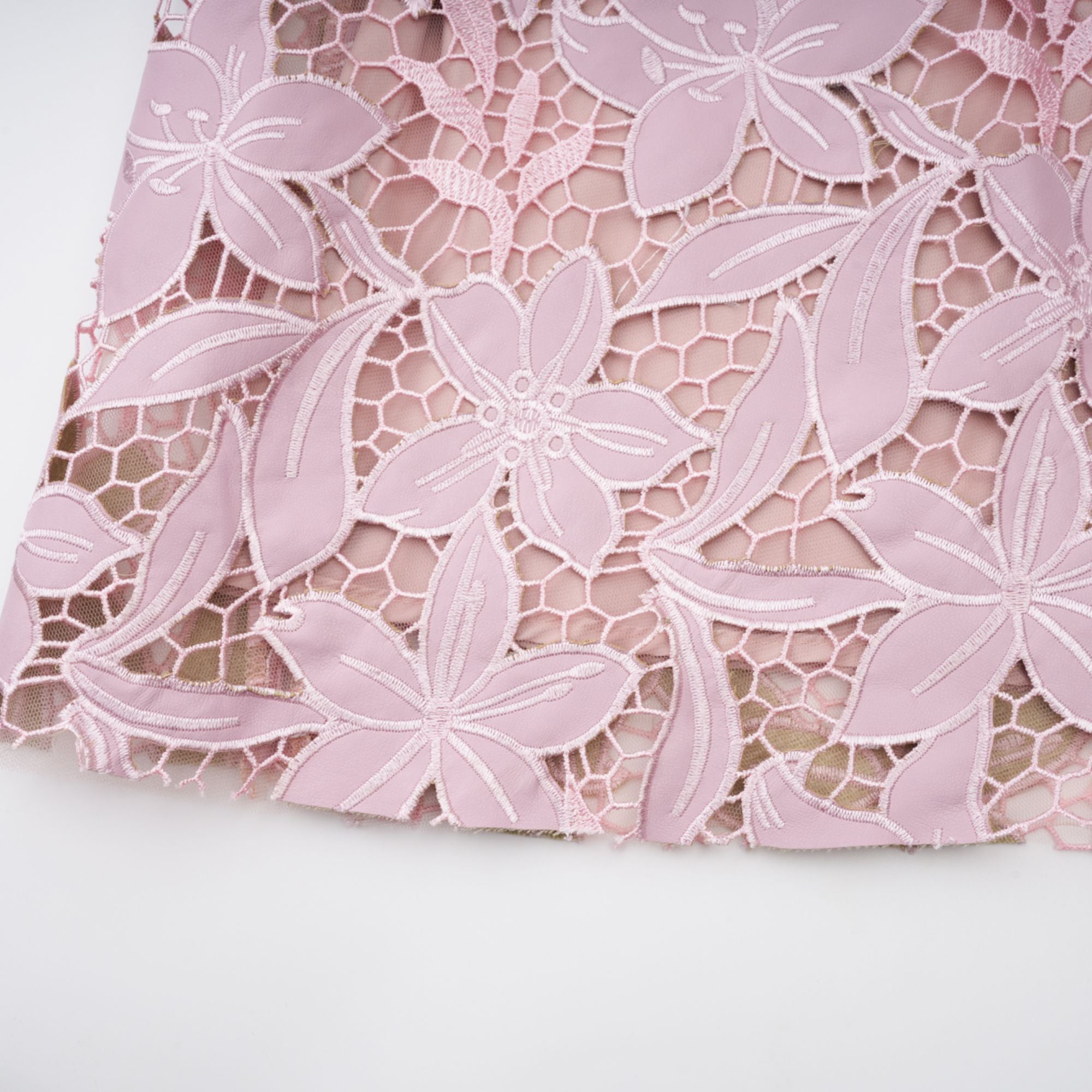 Pink floral laser-cut midi dress with short sleeves and a high neckline