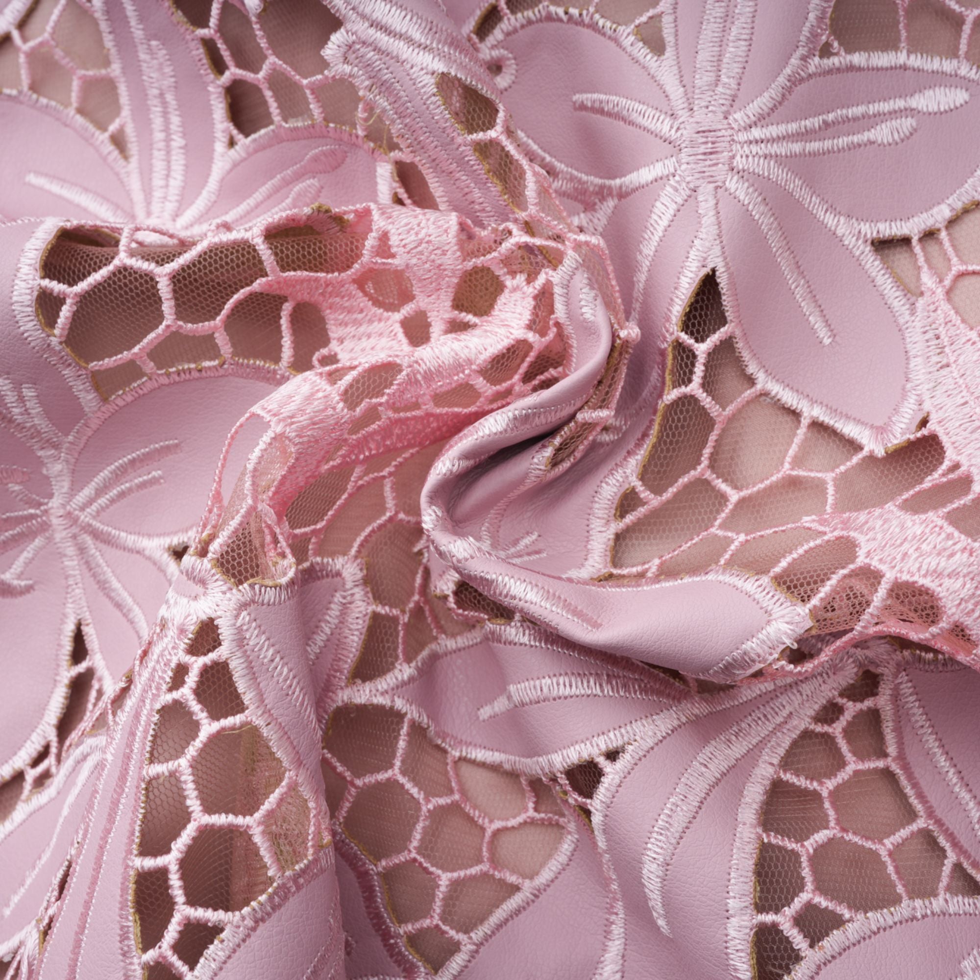 Pink floral laser-cut midi dress with short sleeves and a high neckline