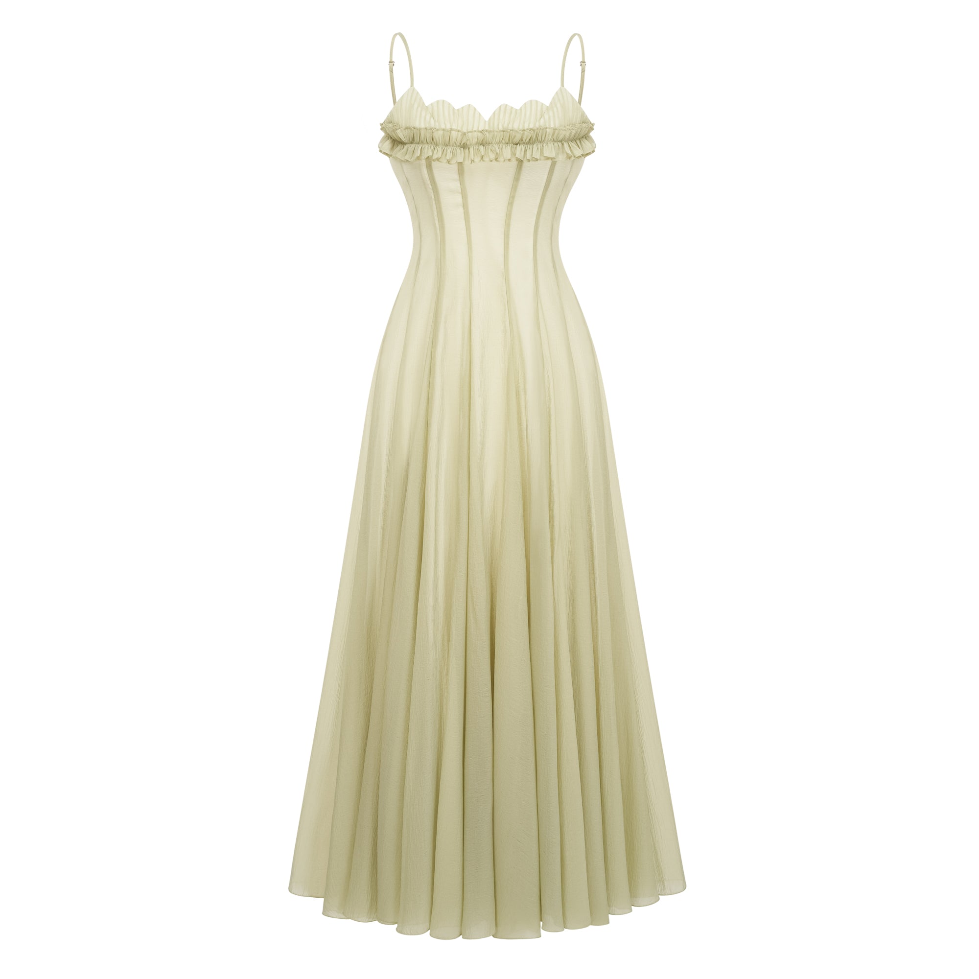 Light green spaghetti strap maxi dress with a ruffled neckline