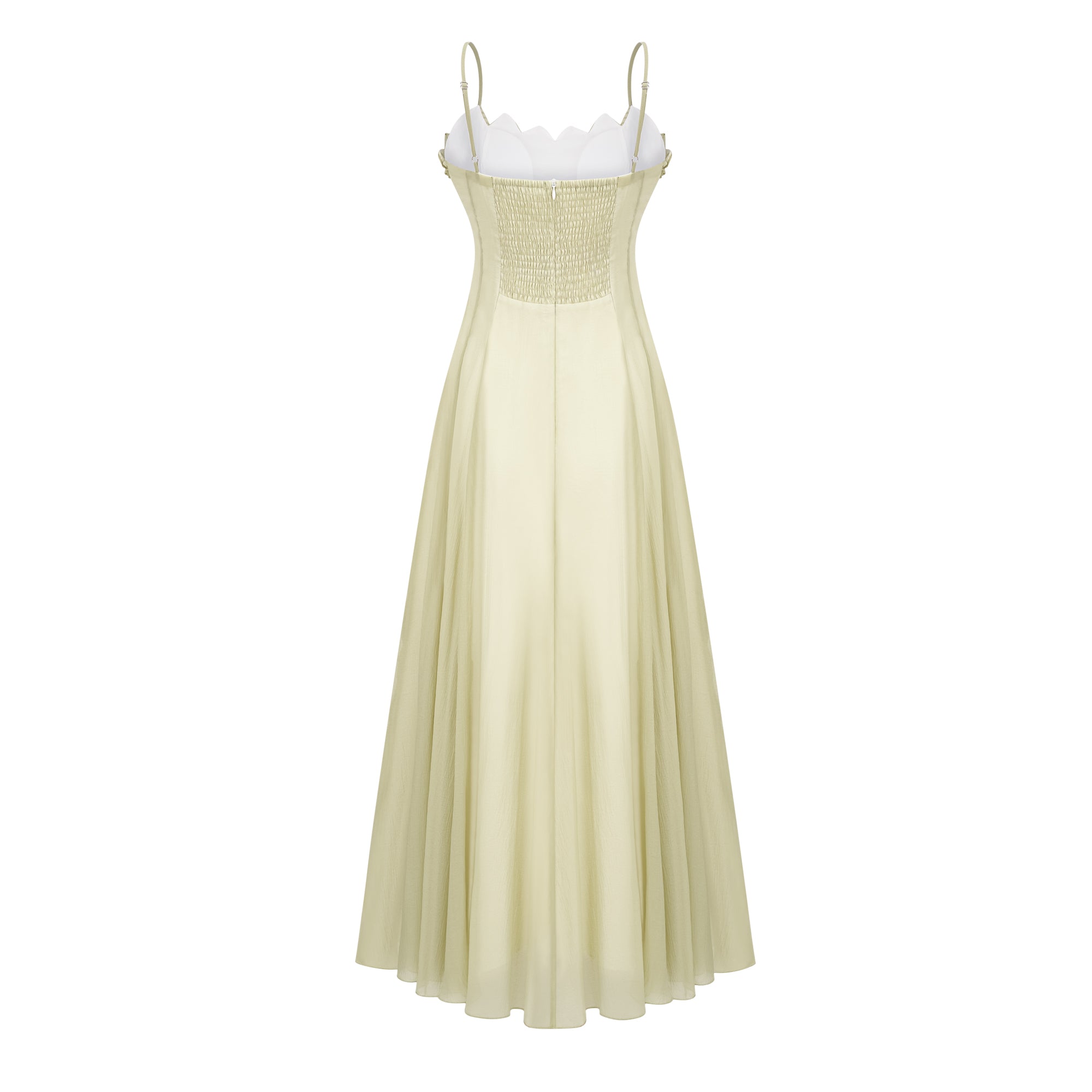 Light green spaghetti strap maxi dress with a ruffled neckline
