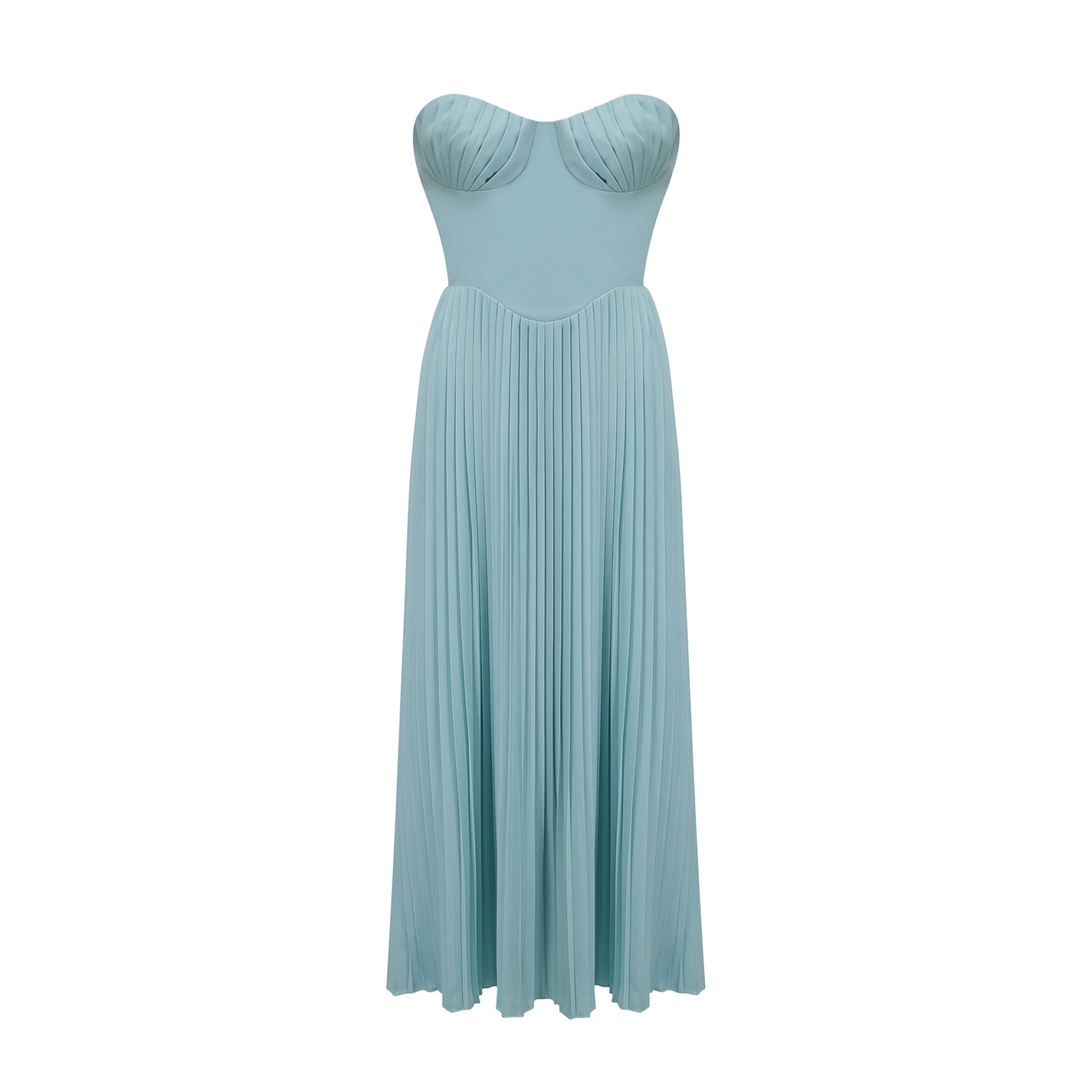 Light blue strapless gown with sweetheart neckline and pleated skirt