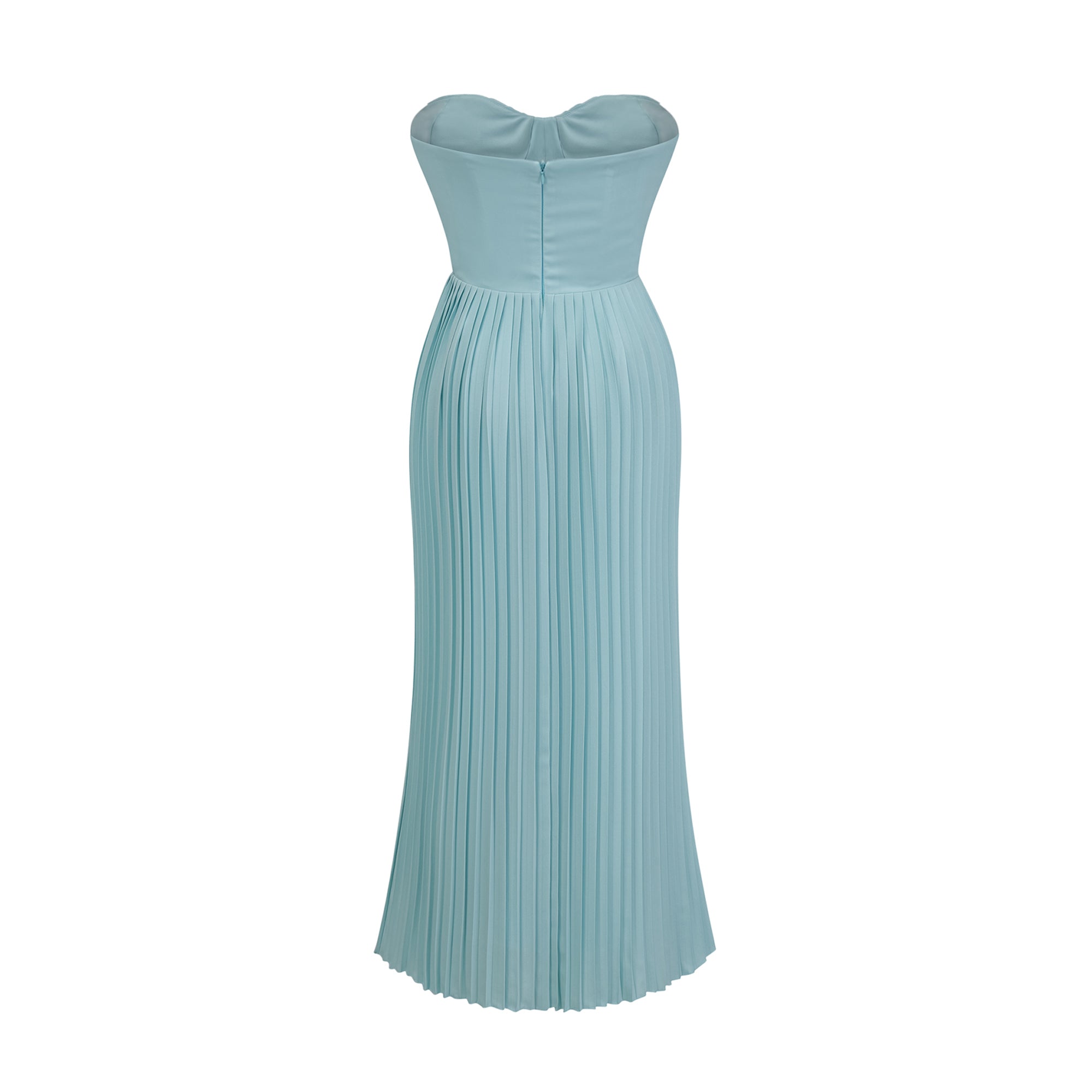 Light blue strapless gown with sweetheart neckline and pleated skirt